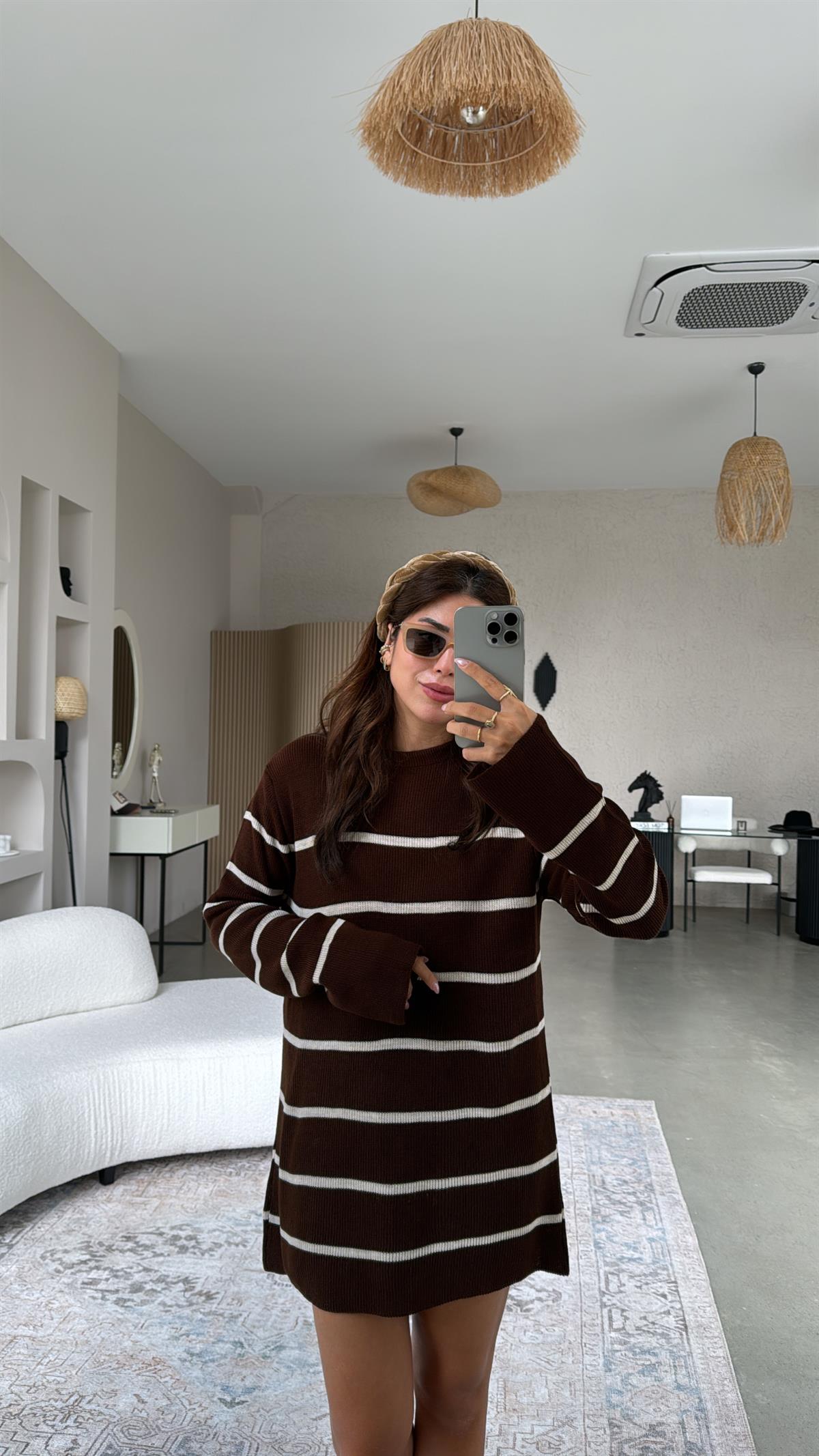 Kahverengi Çizgili Triko Tunik