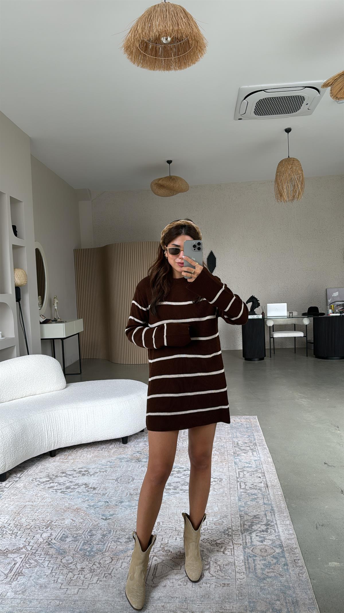 Kahverengi Çizgili Triko Tunik