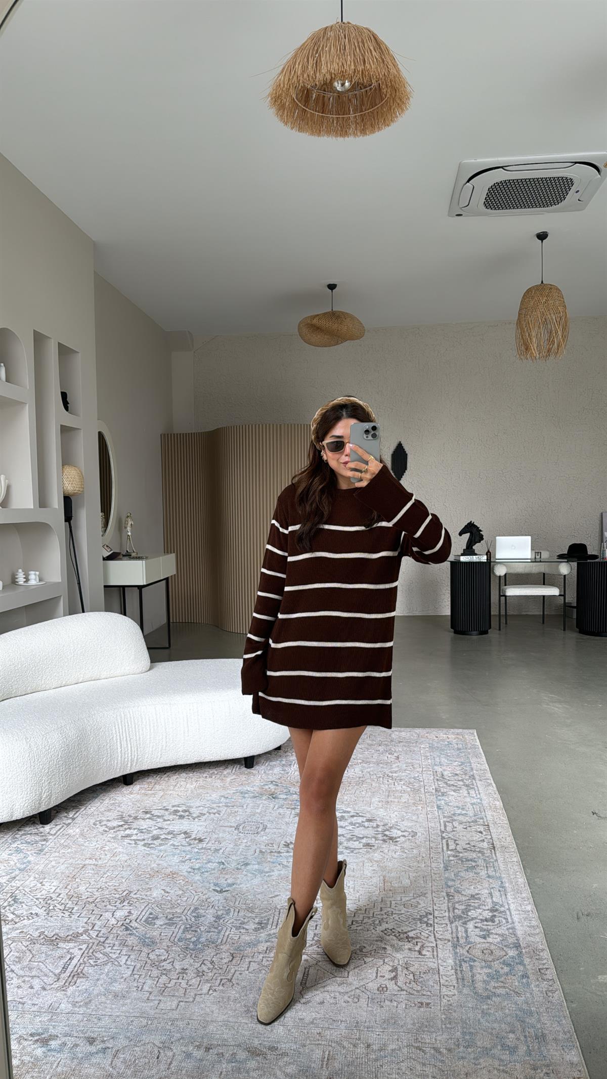 Kahverengi Çizgili Triko Tunik