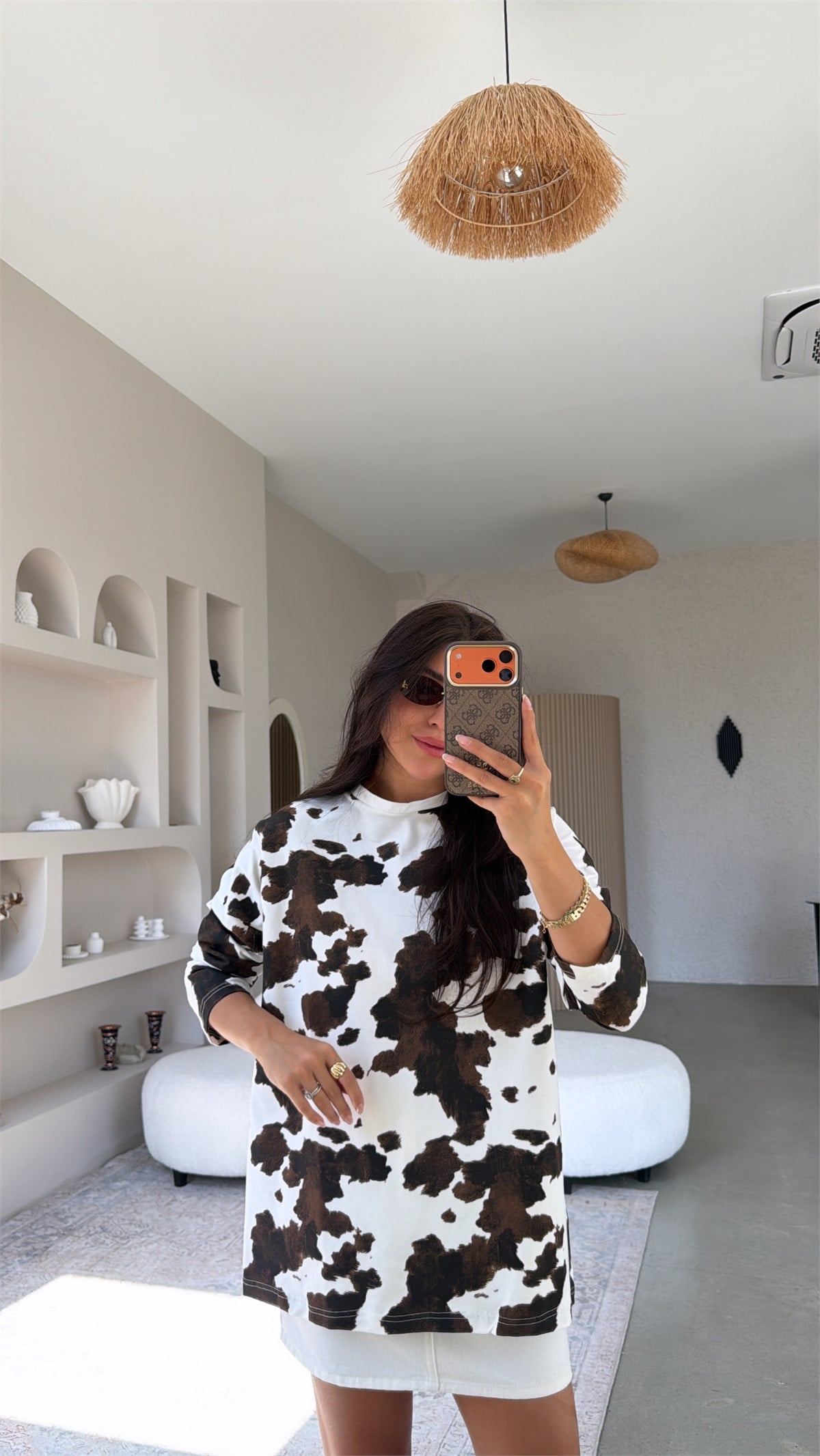 Kahverengi Cow Baskılı Pamuklu İnce Sweatshirt