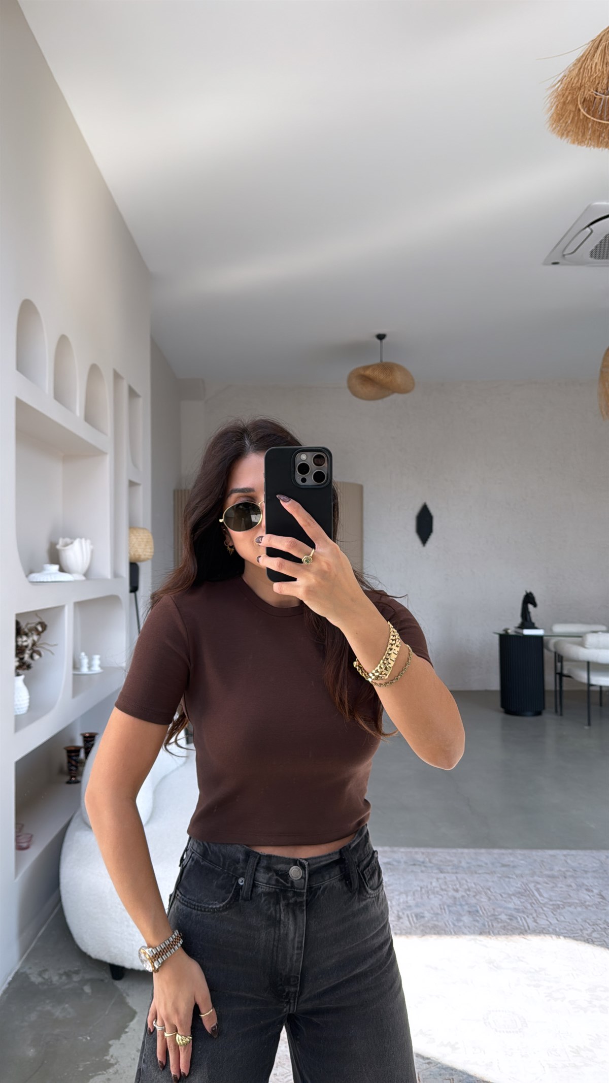 Kahverengi Crop Pamuk Basic Kısa Kol Tshirt