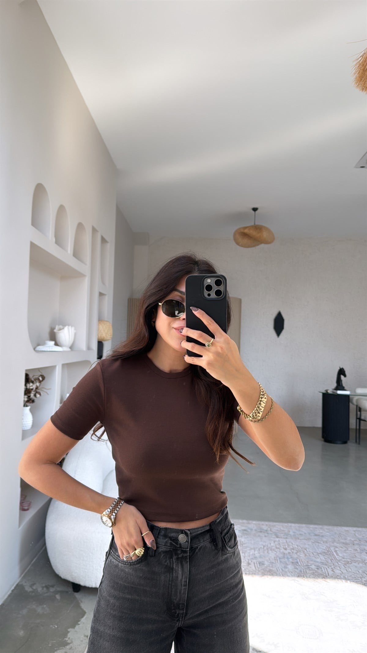 Kahverengi Crop Pamuk Basic Kısa Kol Tshirt