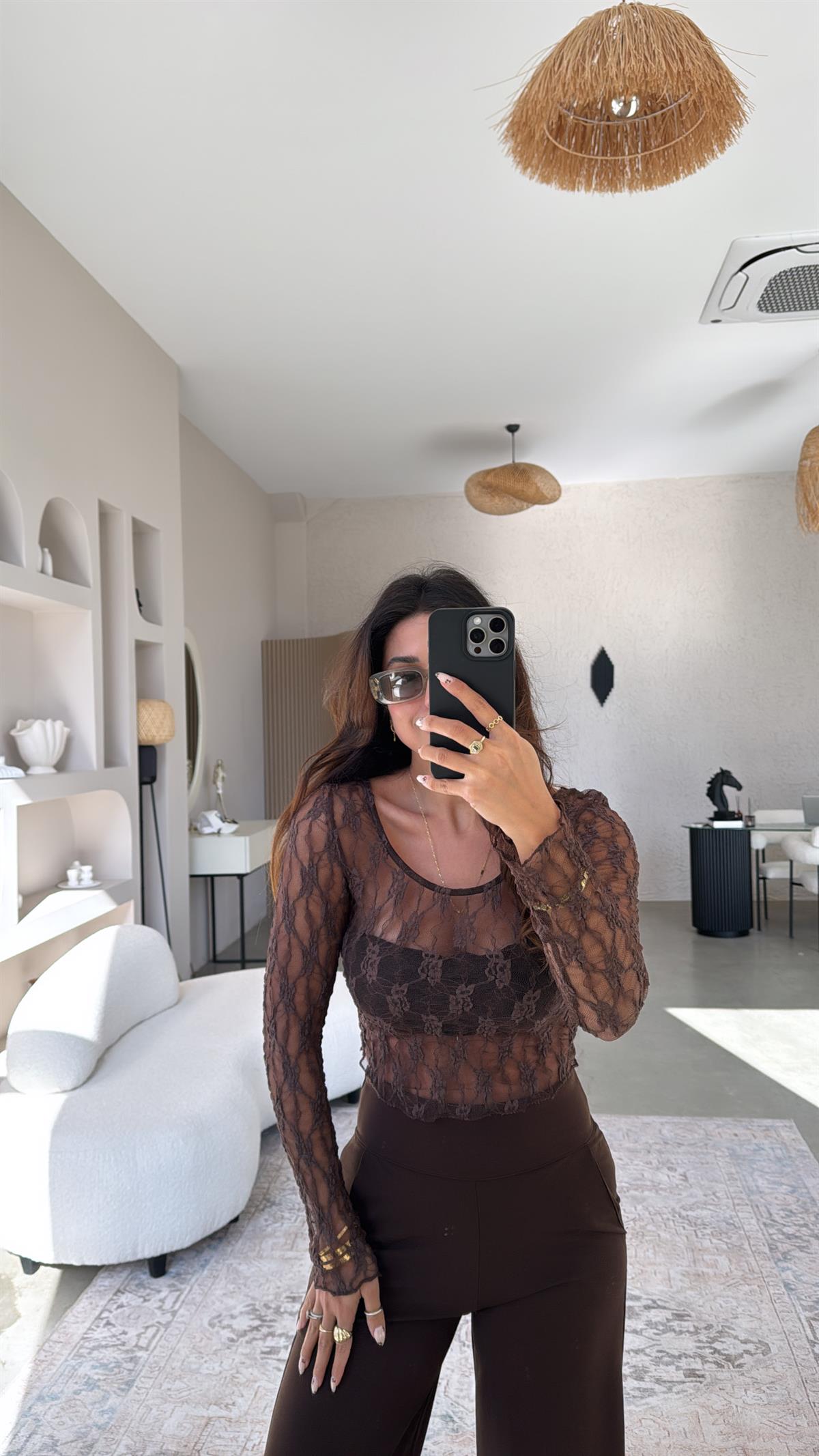 Kahverengi Dantel Bluz