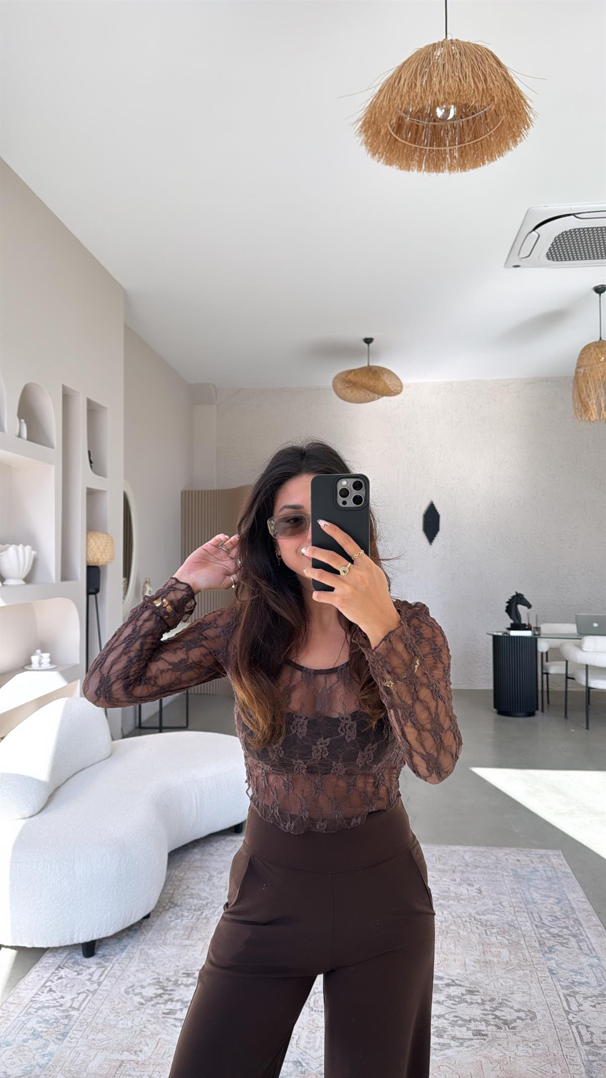 Kahverengi Dantel Bluz