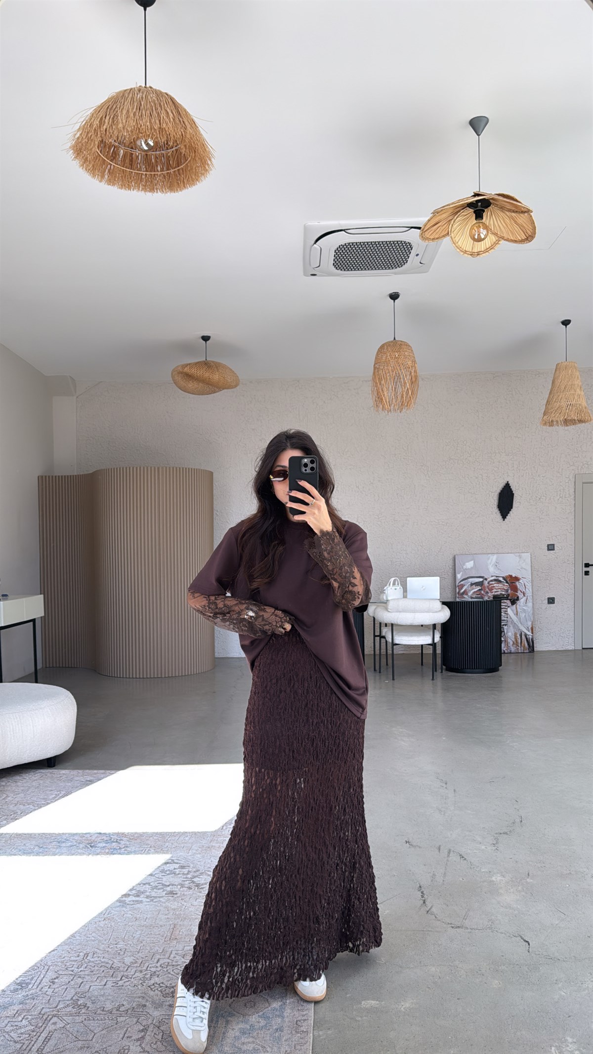 Kahverengi Dantel Maxi Beli Lastikli Etek