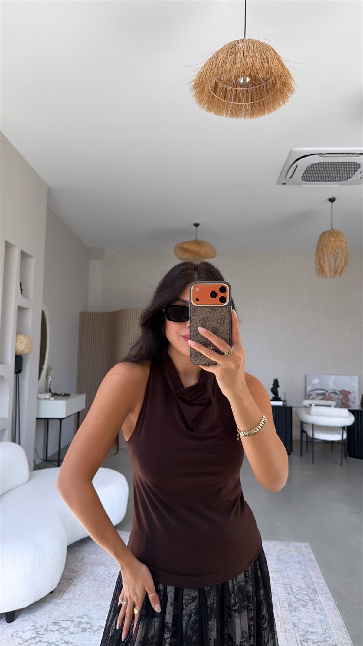 Kahverengi Degaje Ense Düğmeli Bluz
