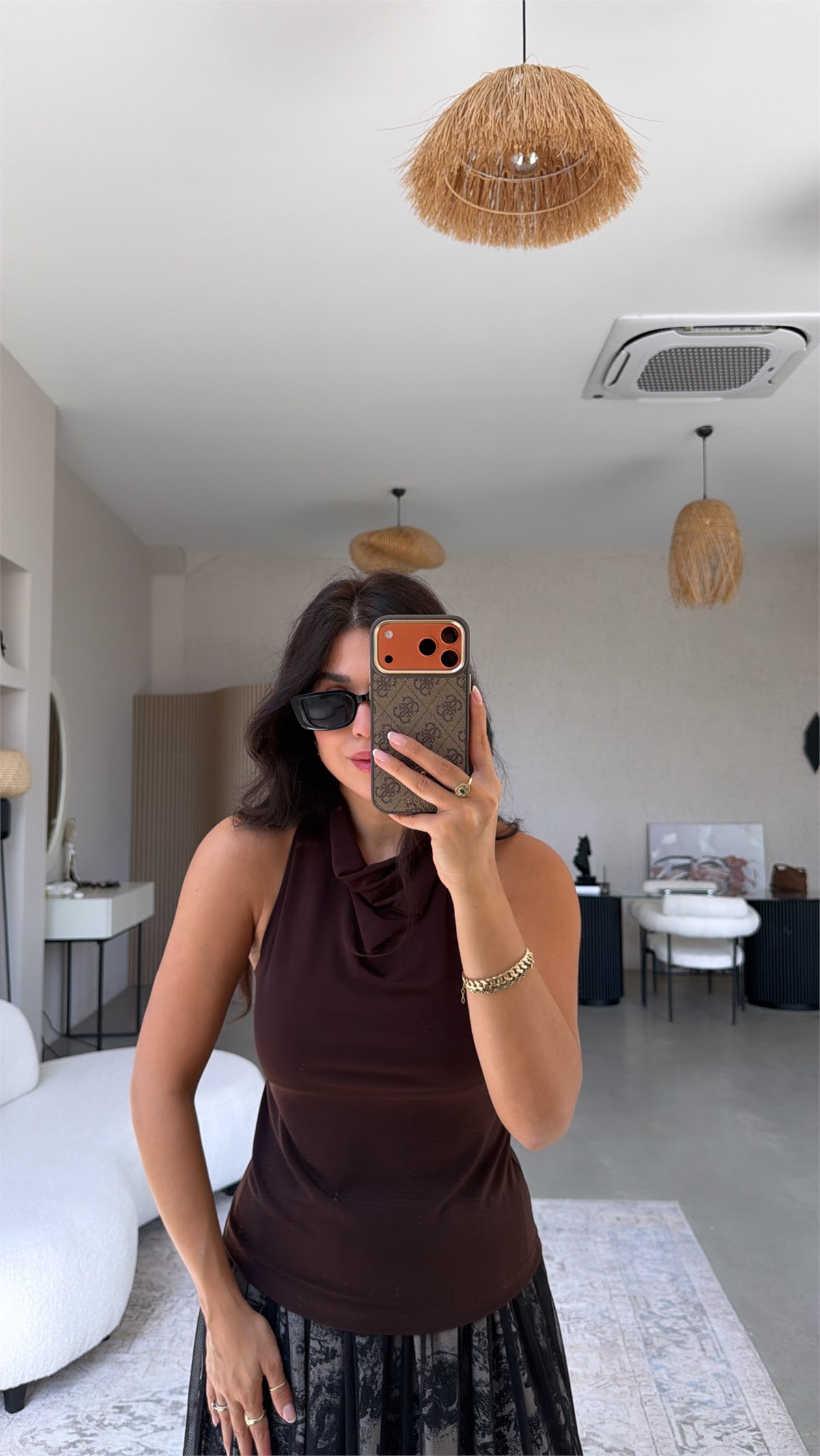 Kahverengi Degaje Ense Düğmeli Bluz