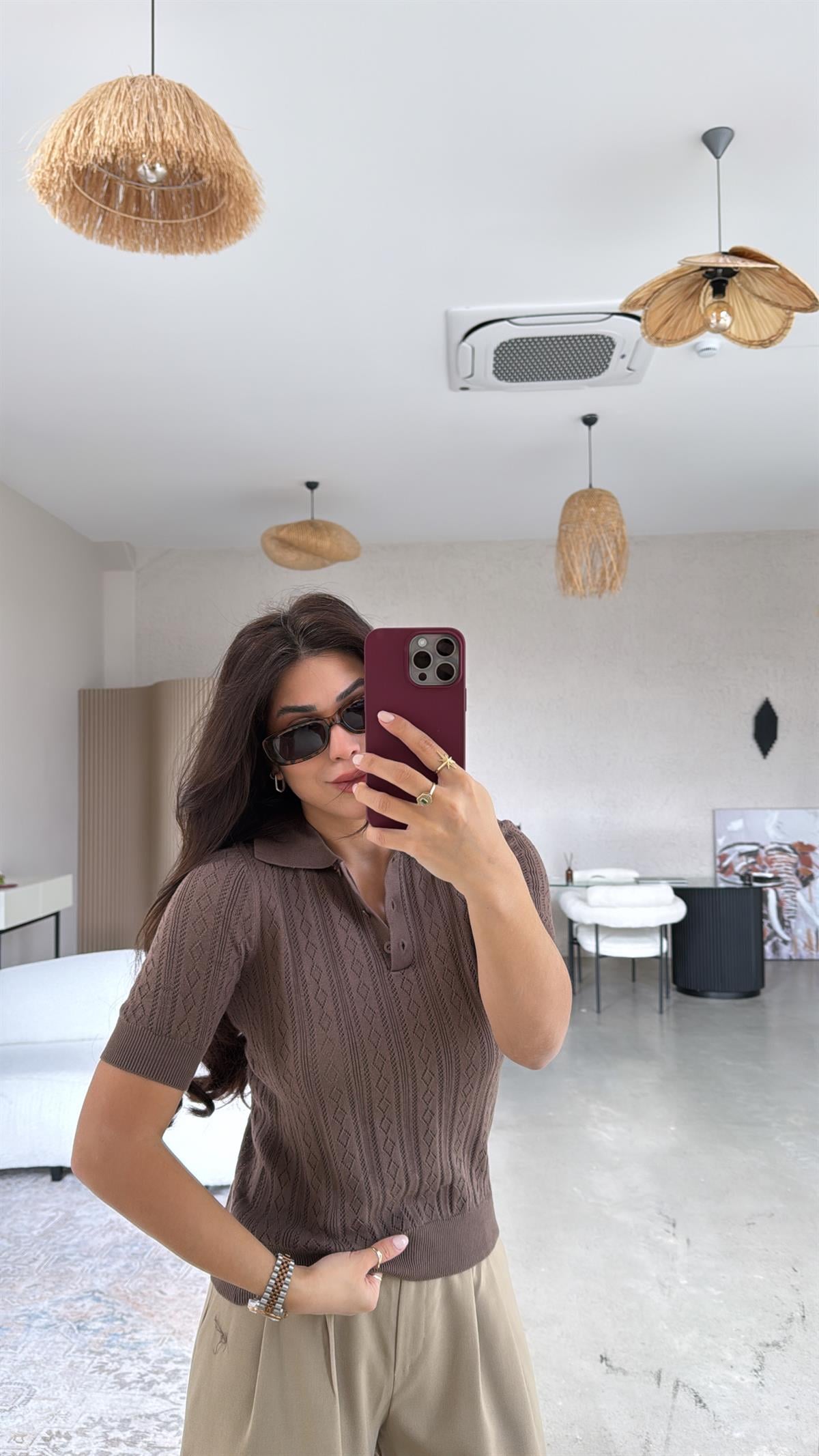 Kahverengi Delikli Polo Yaka Baharlık Triko Bluz