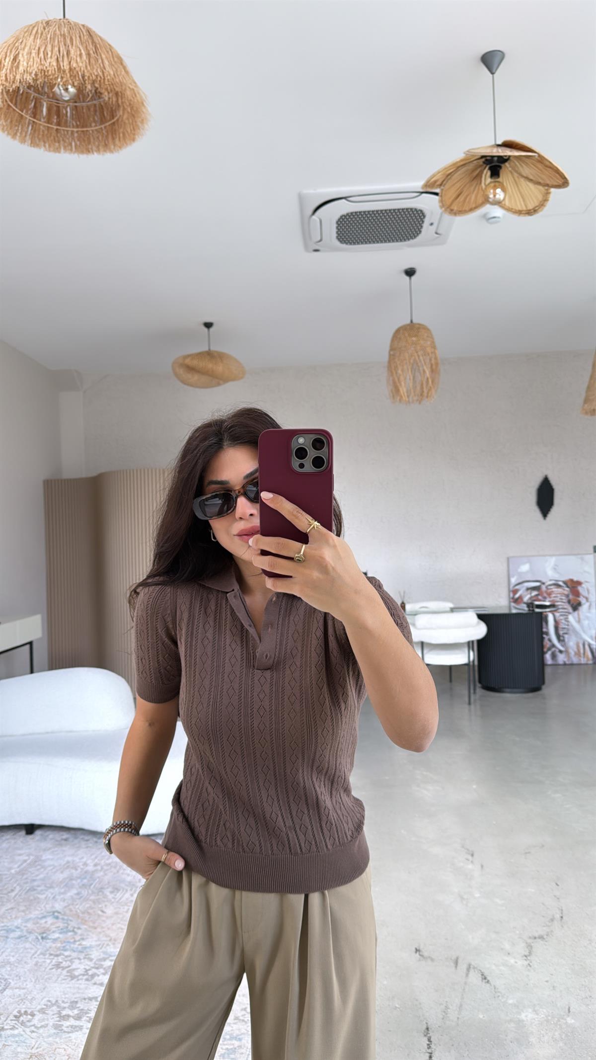 Kahverengi Delikli Polo Yaka Baharlık Triko Bluz