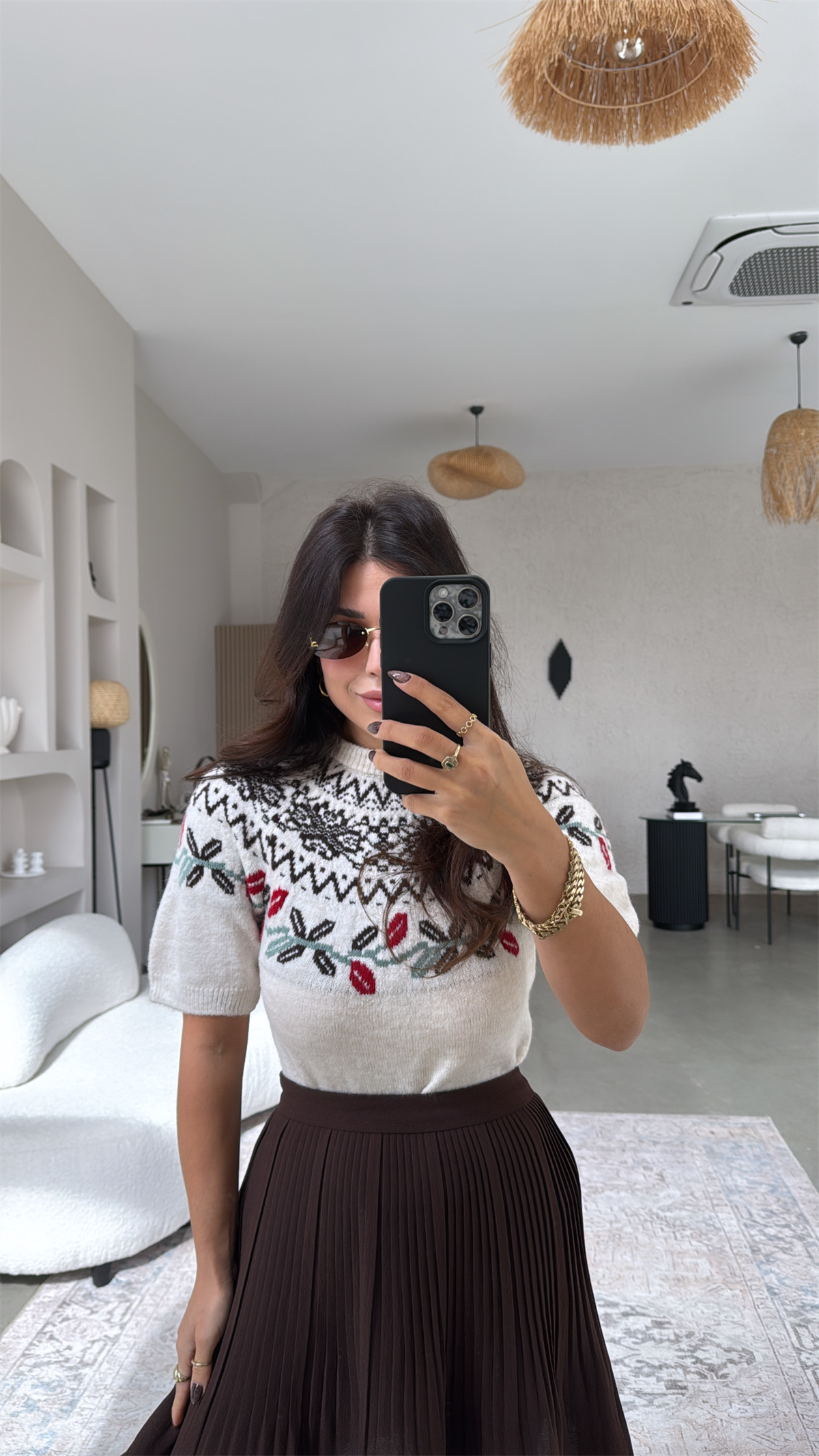 Kahverengi Desenli Kısa Kol Triko