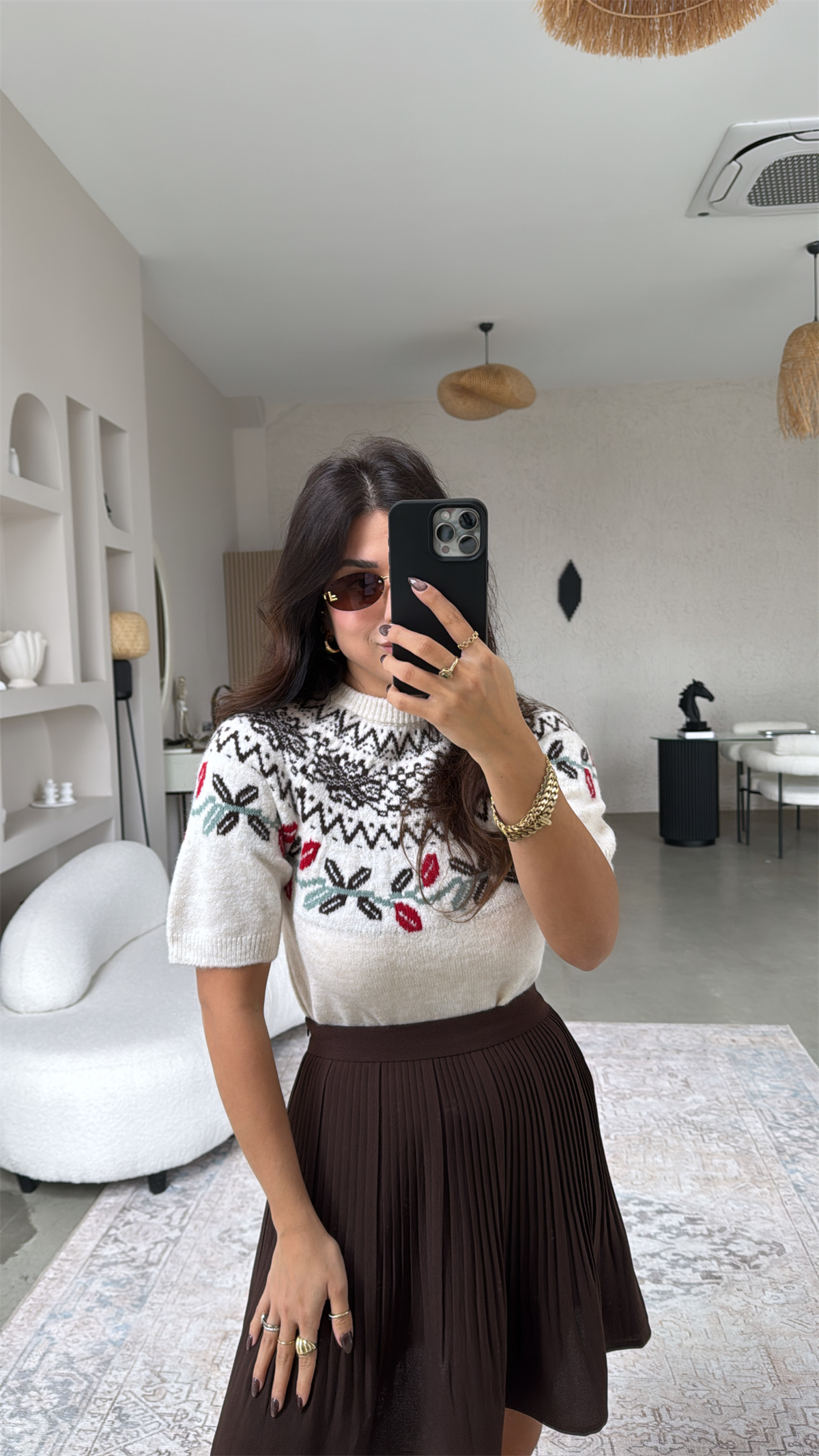 Kahverengi Desenli Kısa Kol Triko