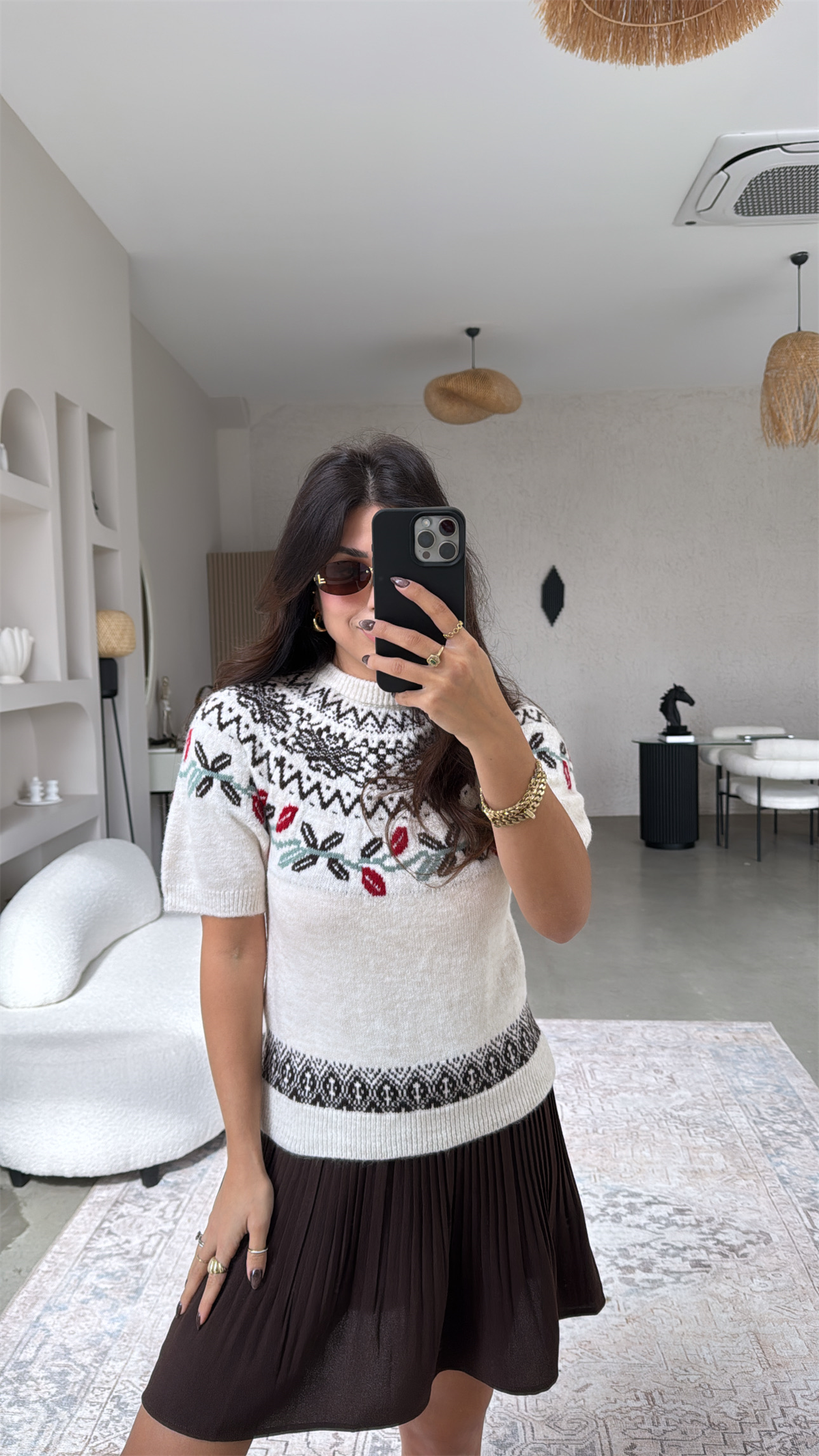 Kahverengi Desenli Kısa Kol Triko