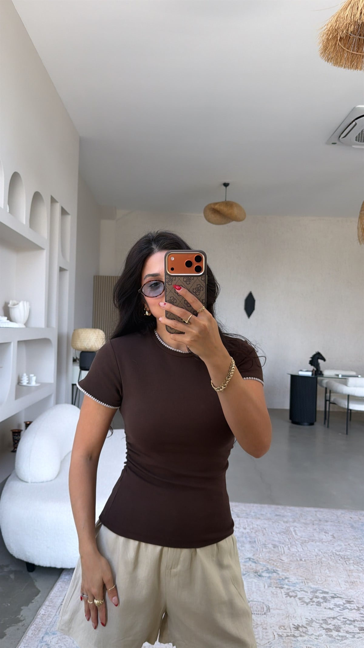 Kahverengi Dikiş Detaylı Pamuk Tshirt