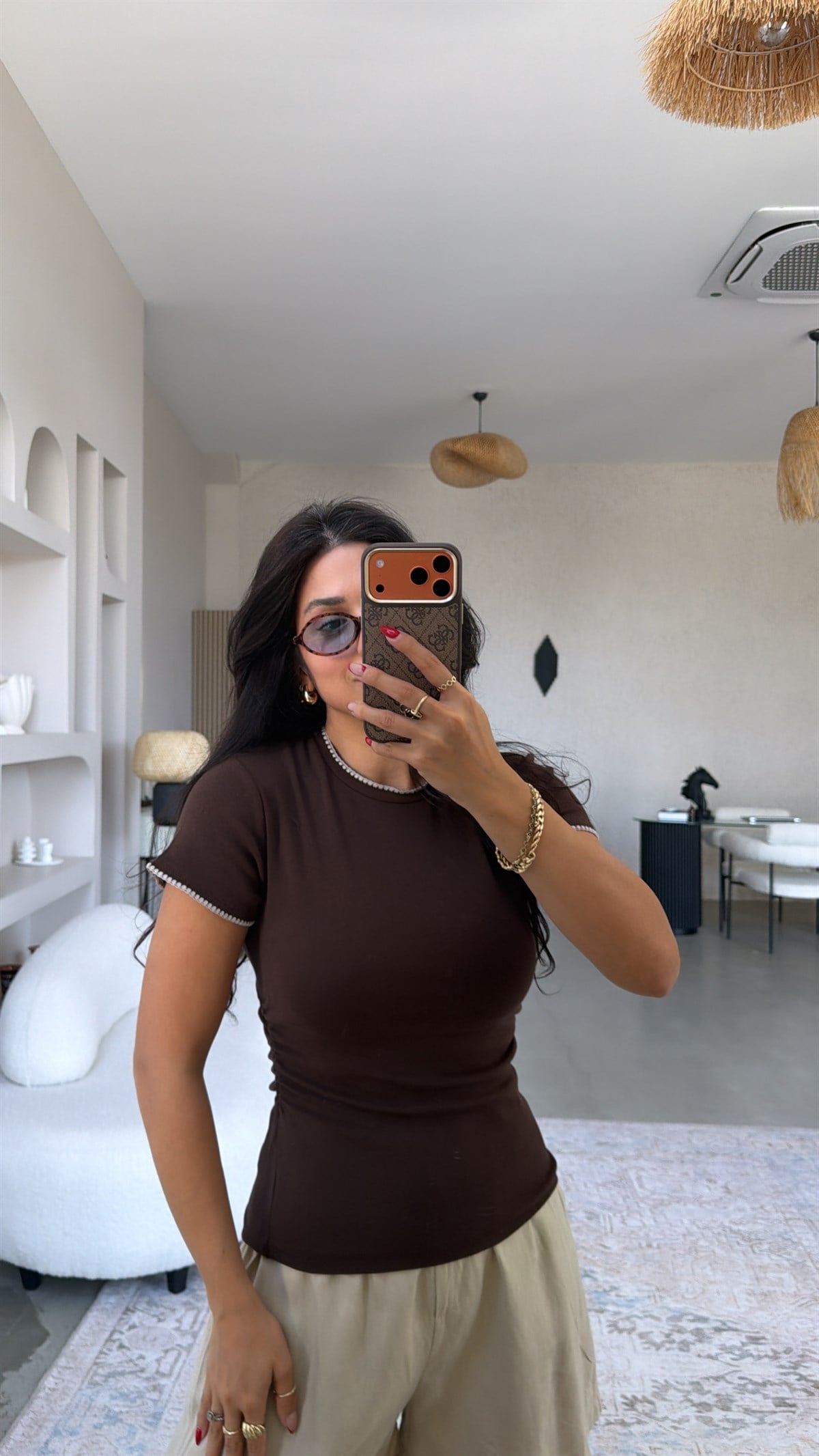 Kahverengi Dikiş Detaylı Pamuk Tshirt