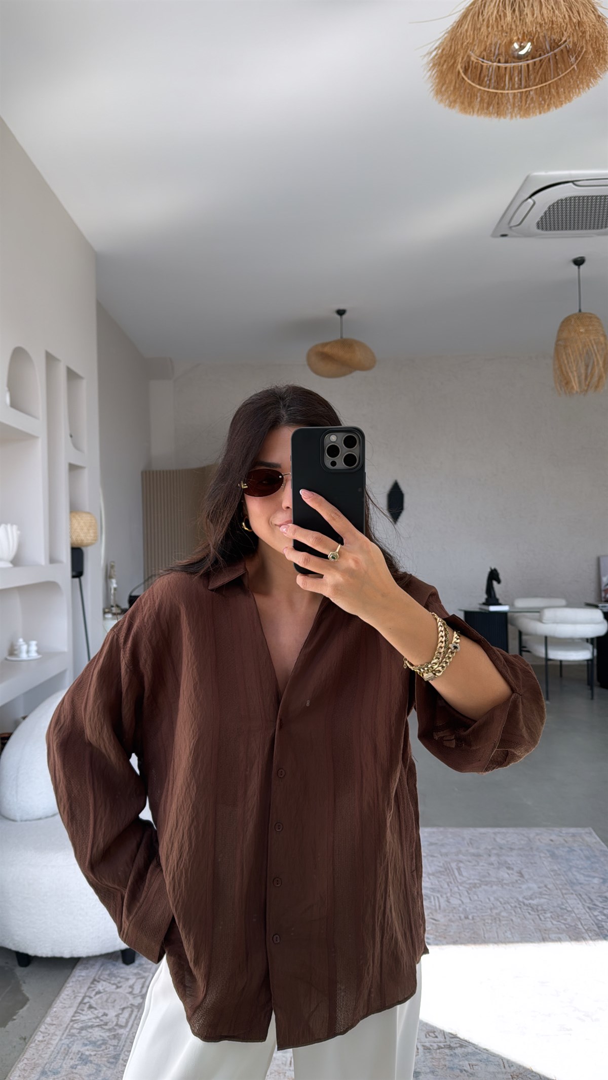 Kahverengi Dokulu Premium Gömlek