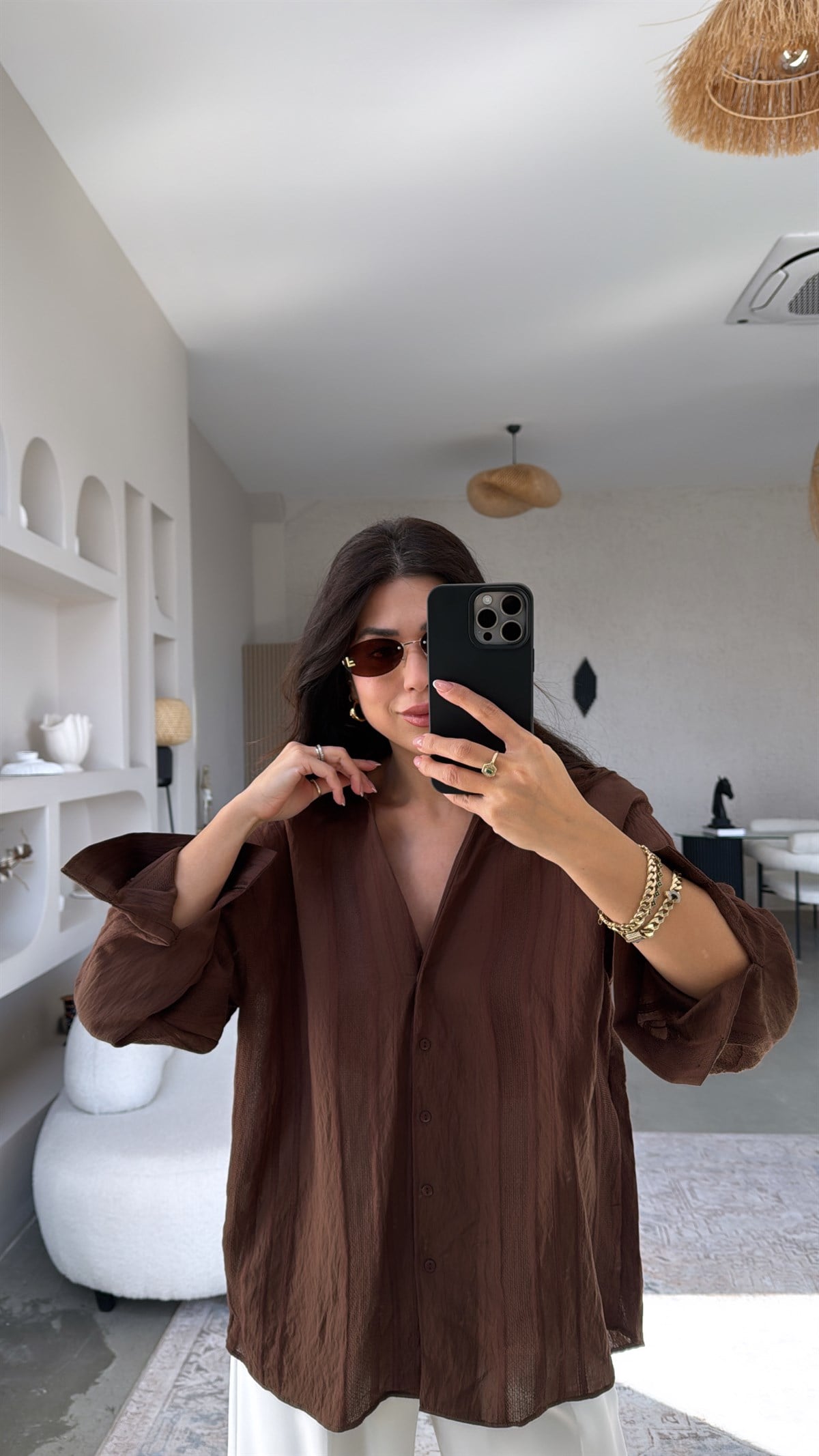 Kahverengi Dokulu Premium Gömlek