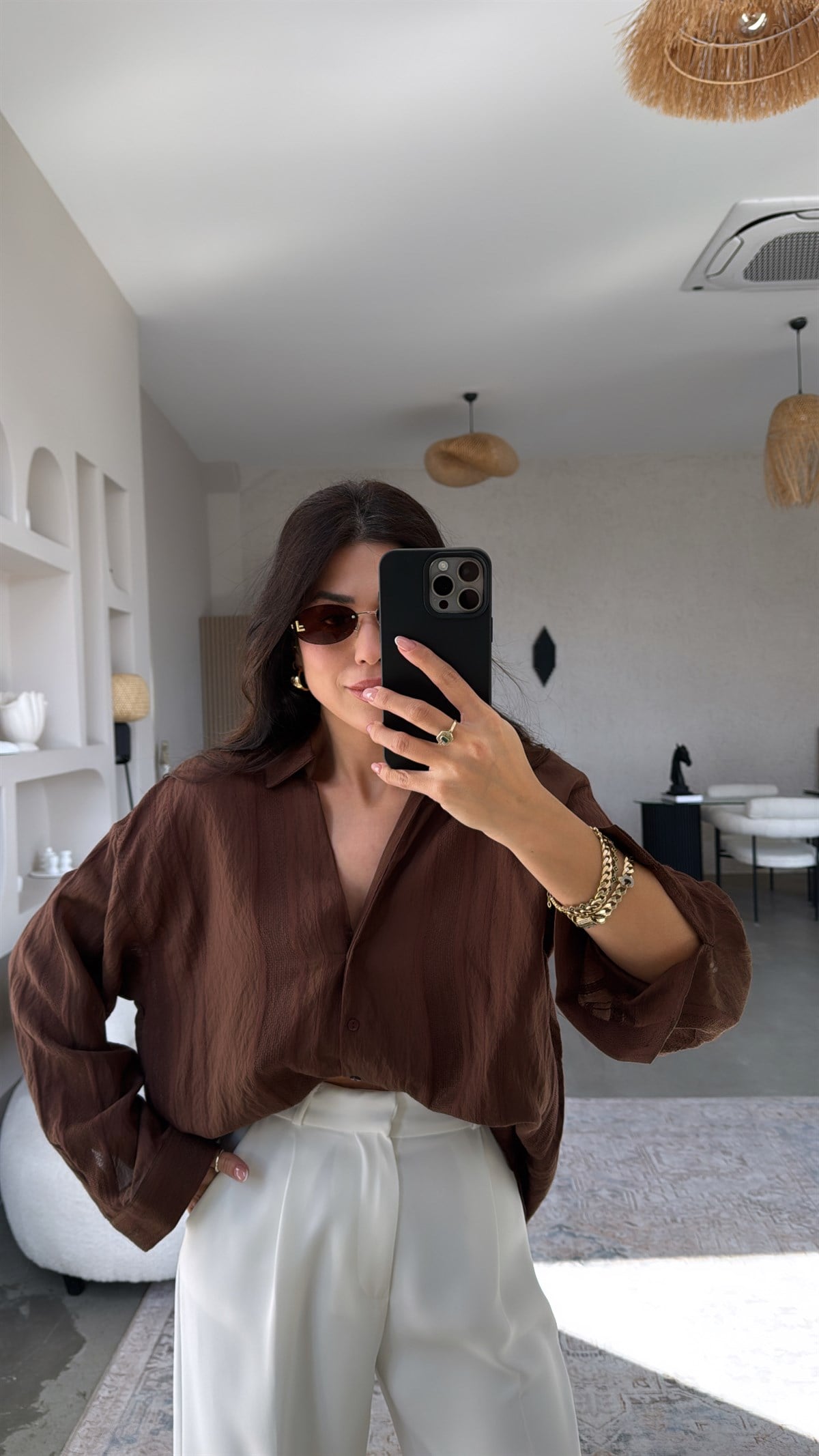 Kahverengi Dokulu Premium Gömlek