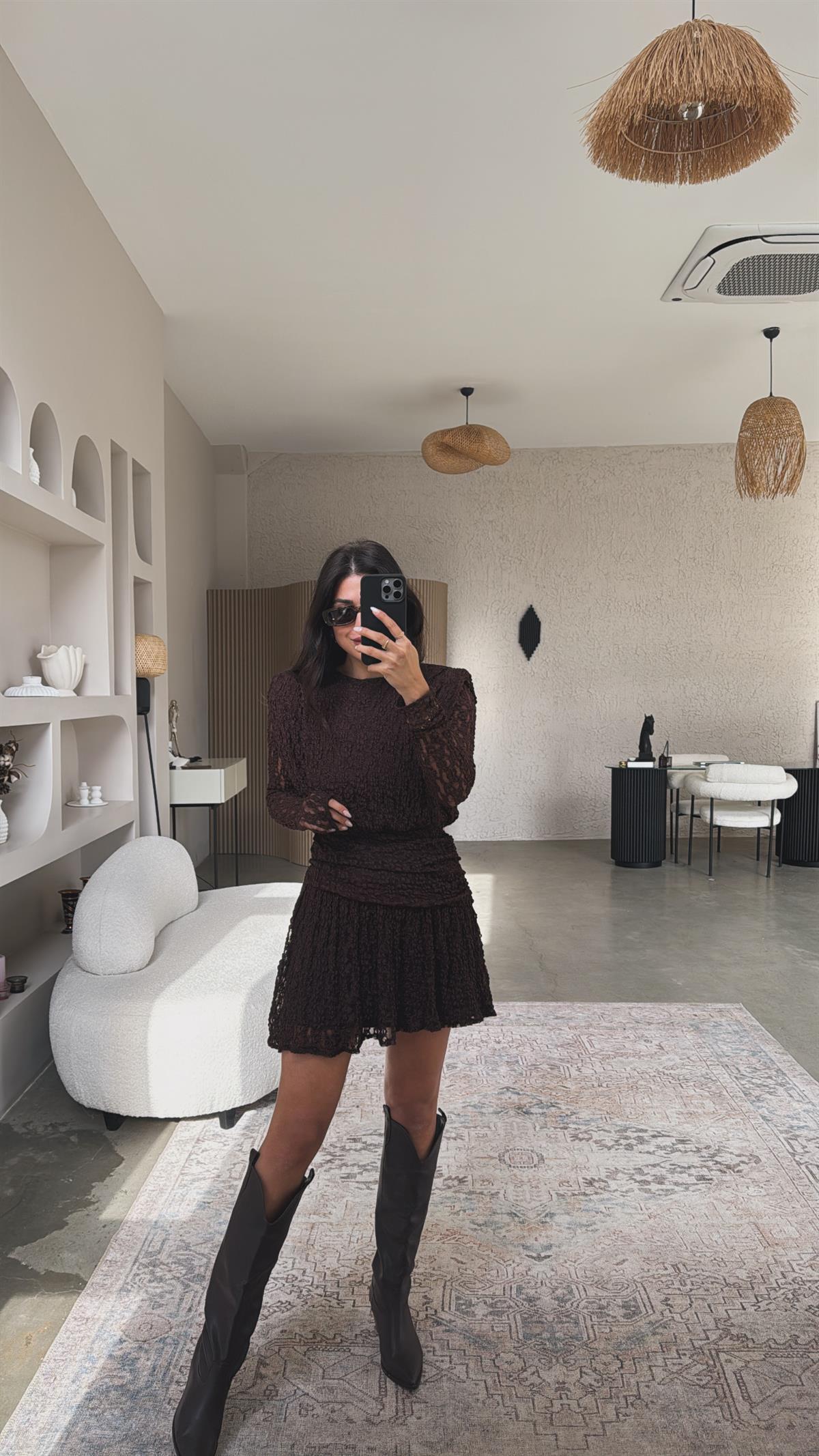 Kahverengi Drape Detaylı Dantel Elbise
