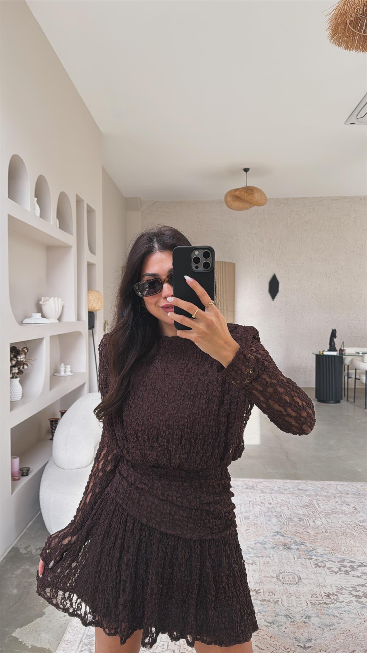 Kahverengi Drape Detaylı Dantel Elbise