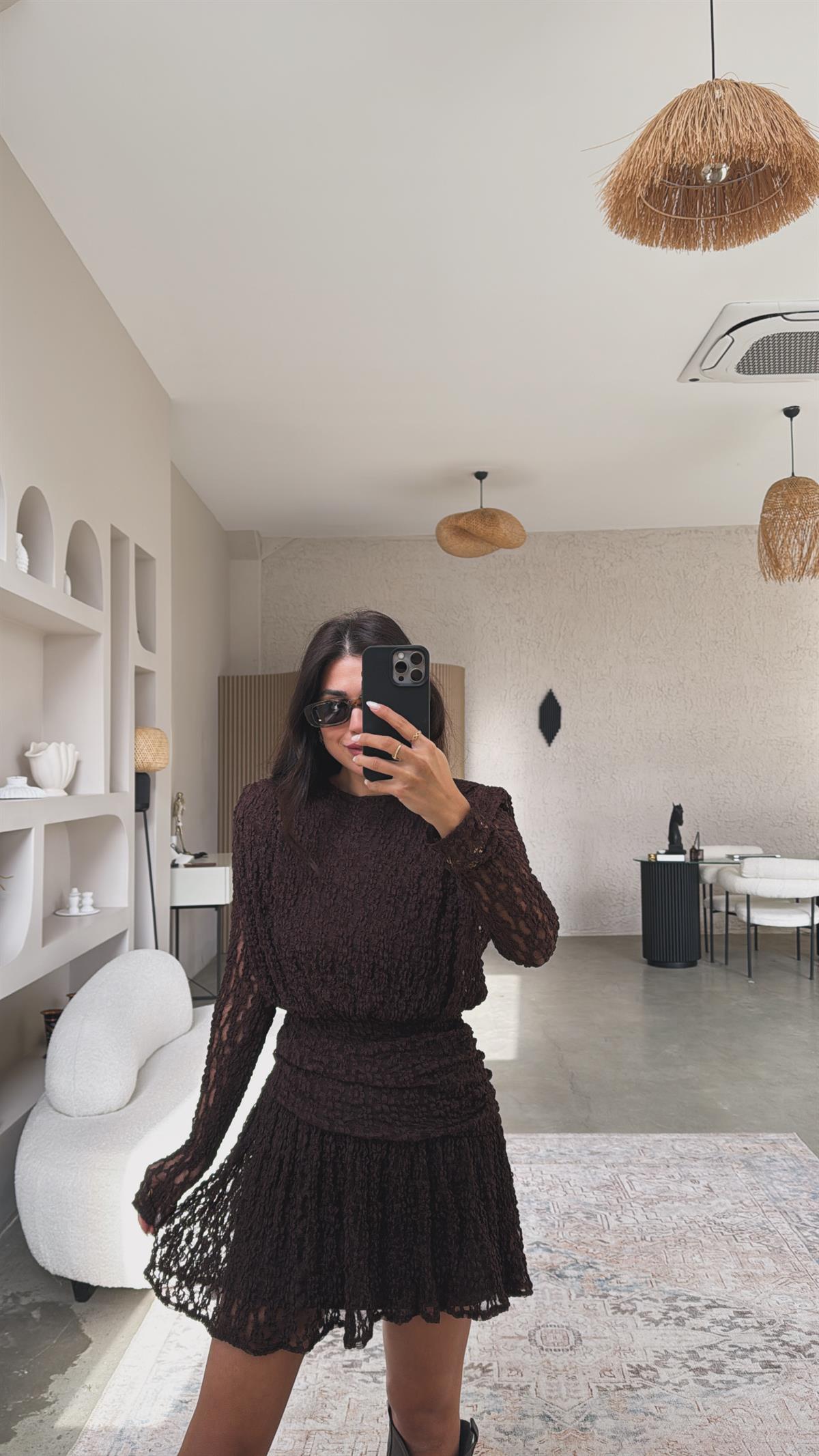 Kahverengi Drape Detaylı Dantel Elbise