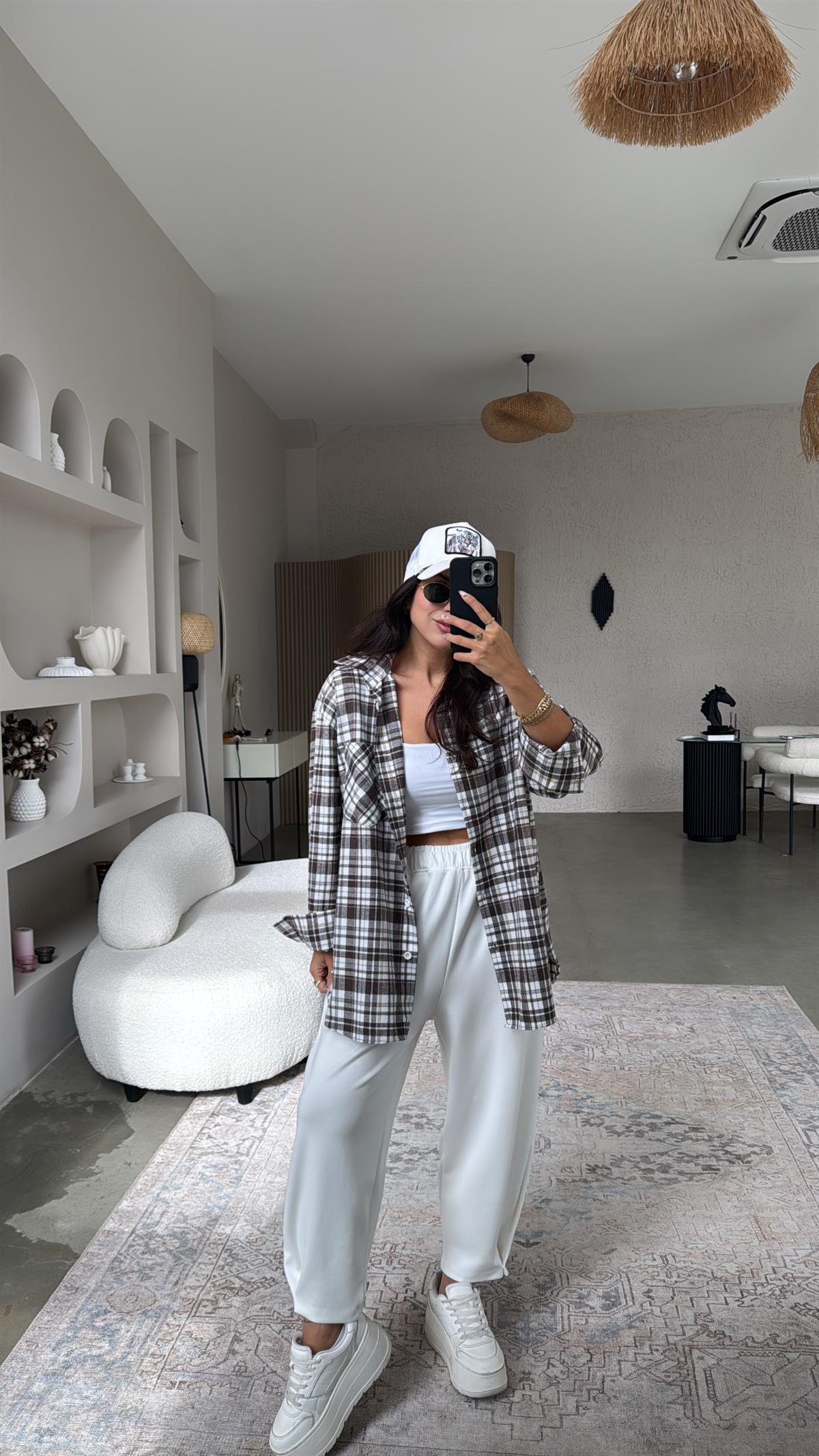 Kahverengi Ekru Ekose Pamuklu Gömlek