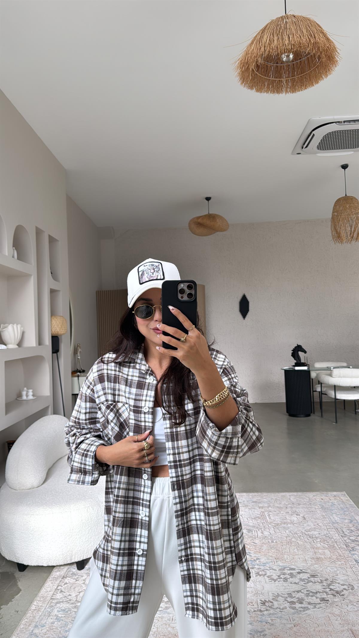 Kahverengi Ekru Ekose Pamuklu Gömlek