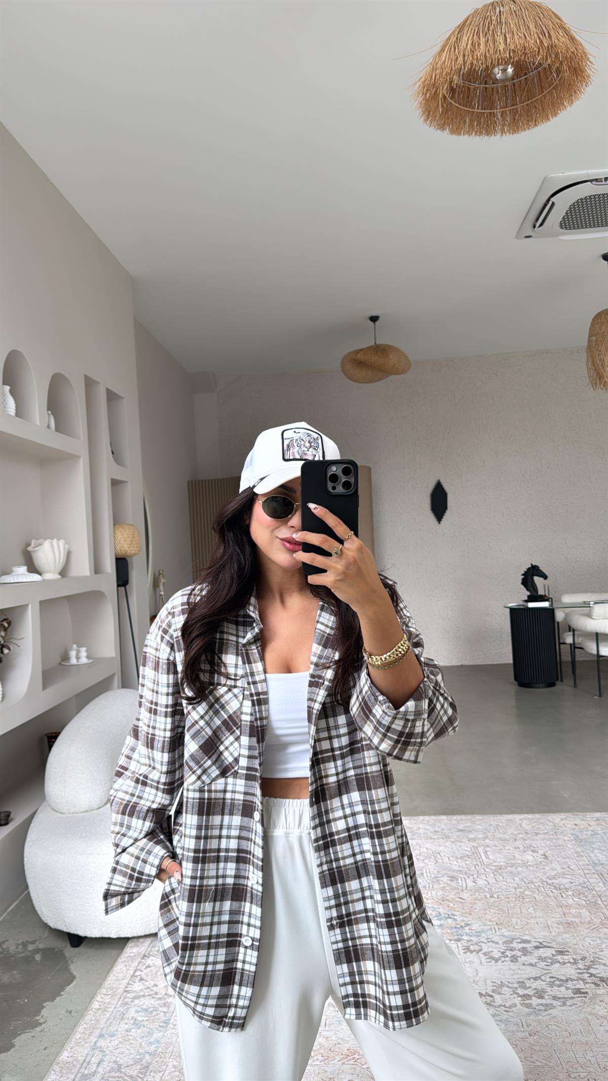 Kahverengi Ekru Ekose Pamuklu Gömlek