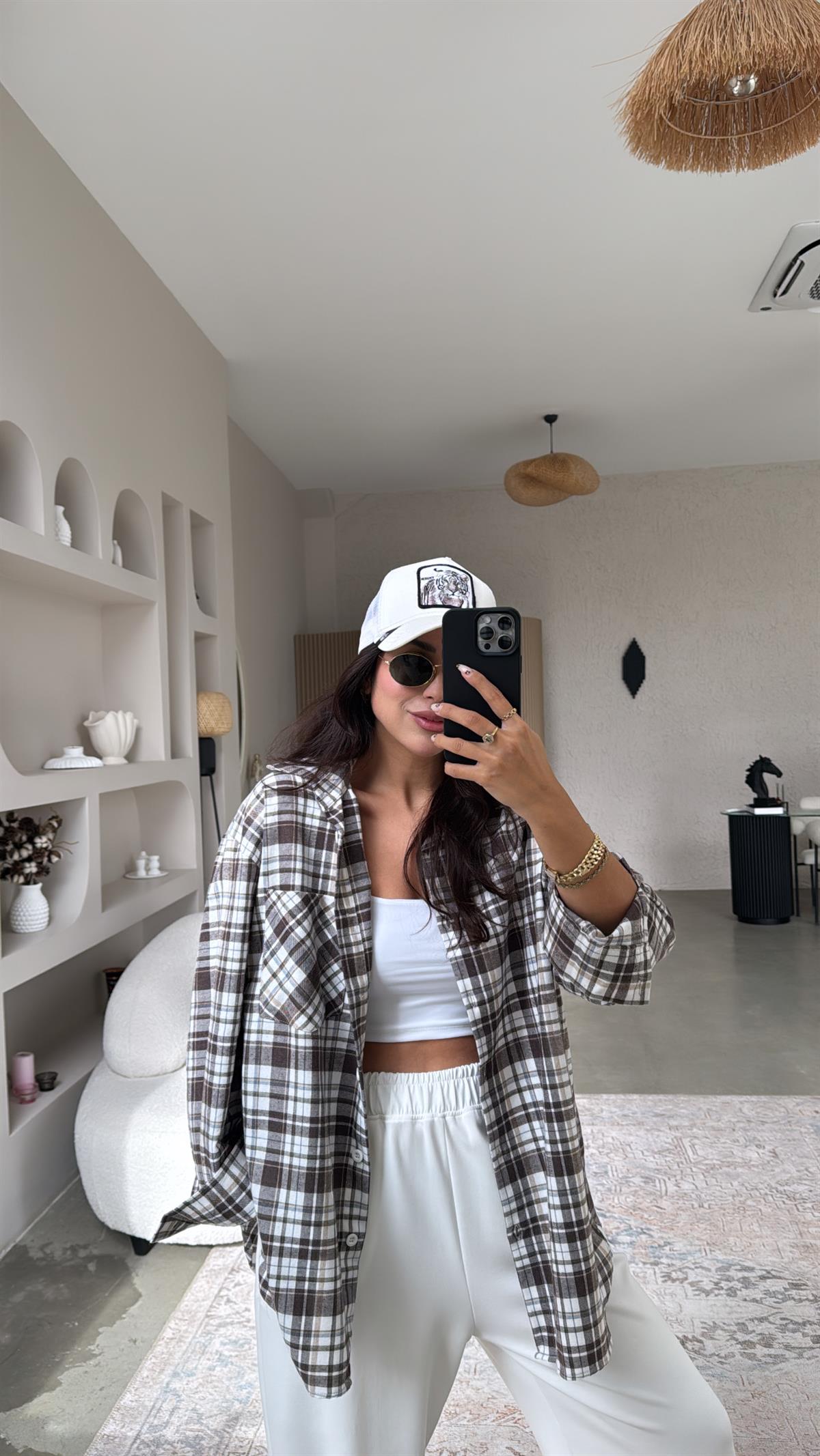 Kahverengi Ekru Ekose Pamuklu Gömlek