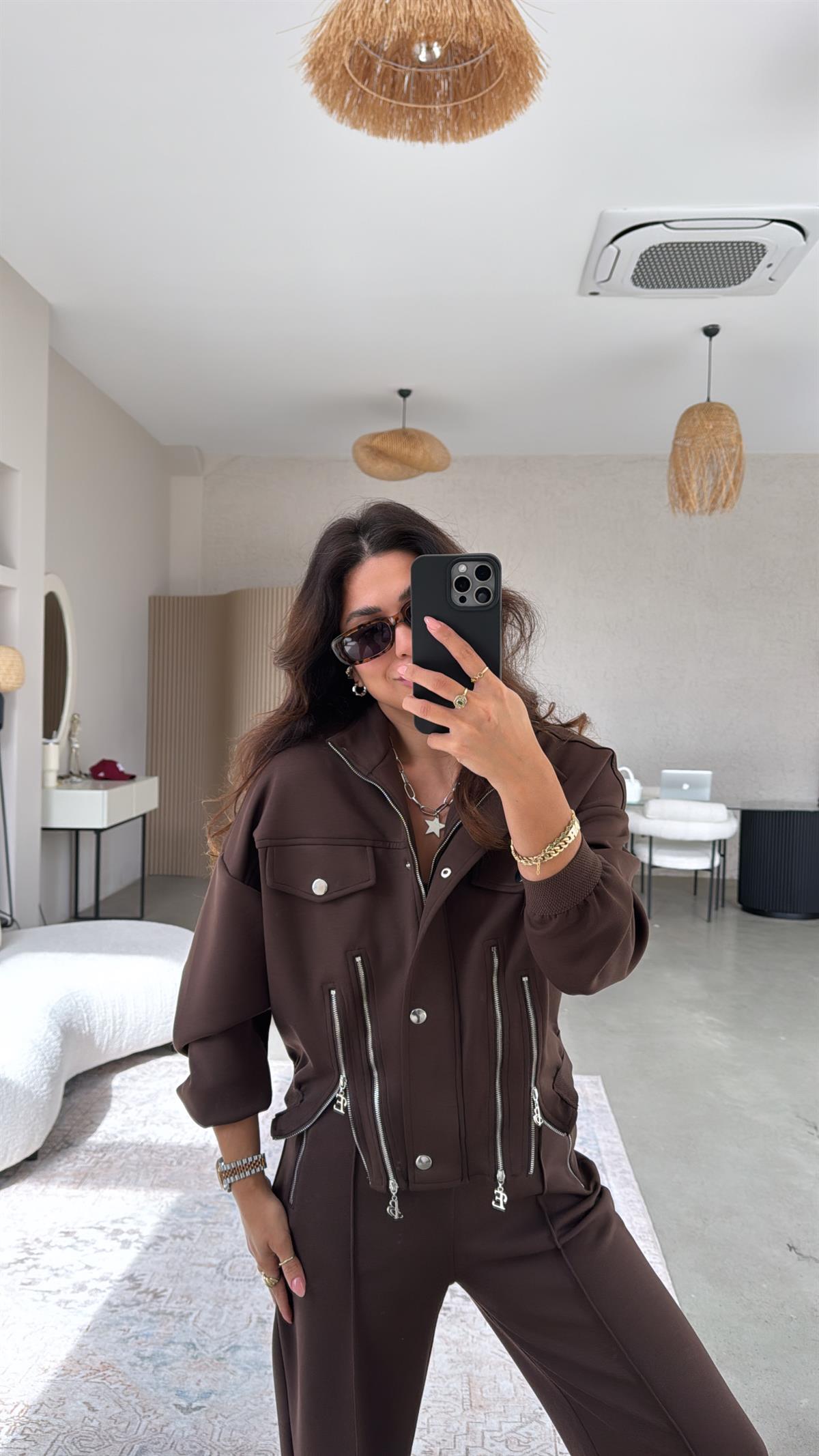 Kahverengi Fermuar Detaylı Tasarım Ceket Pantolon Takım