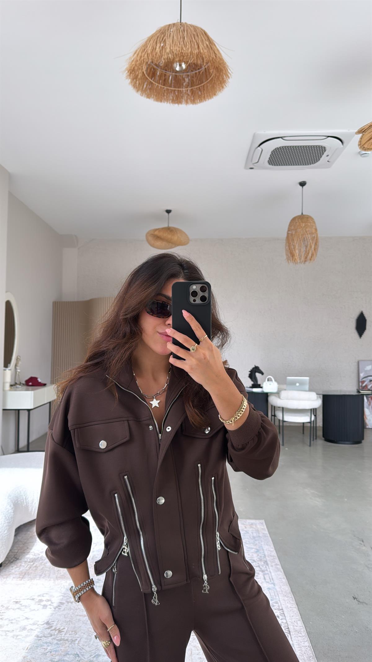 Kahverengi Fermuar Detaylı Tasarım Ceket Pantolon Takım