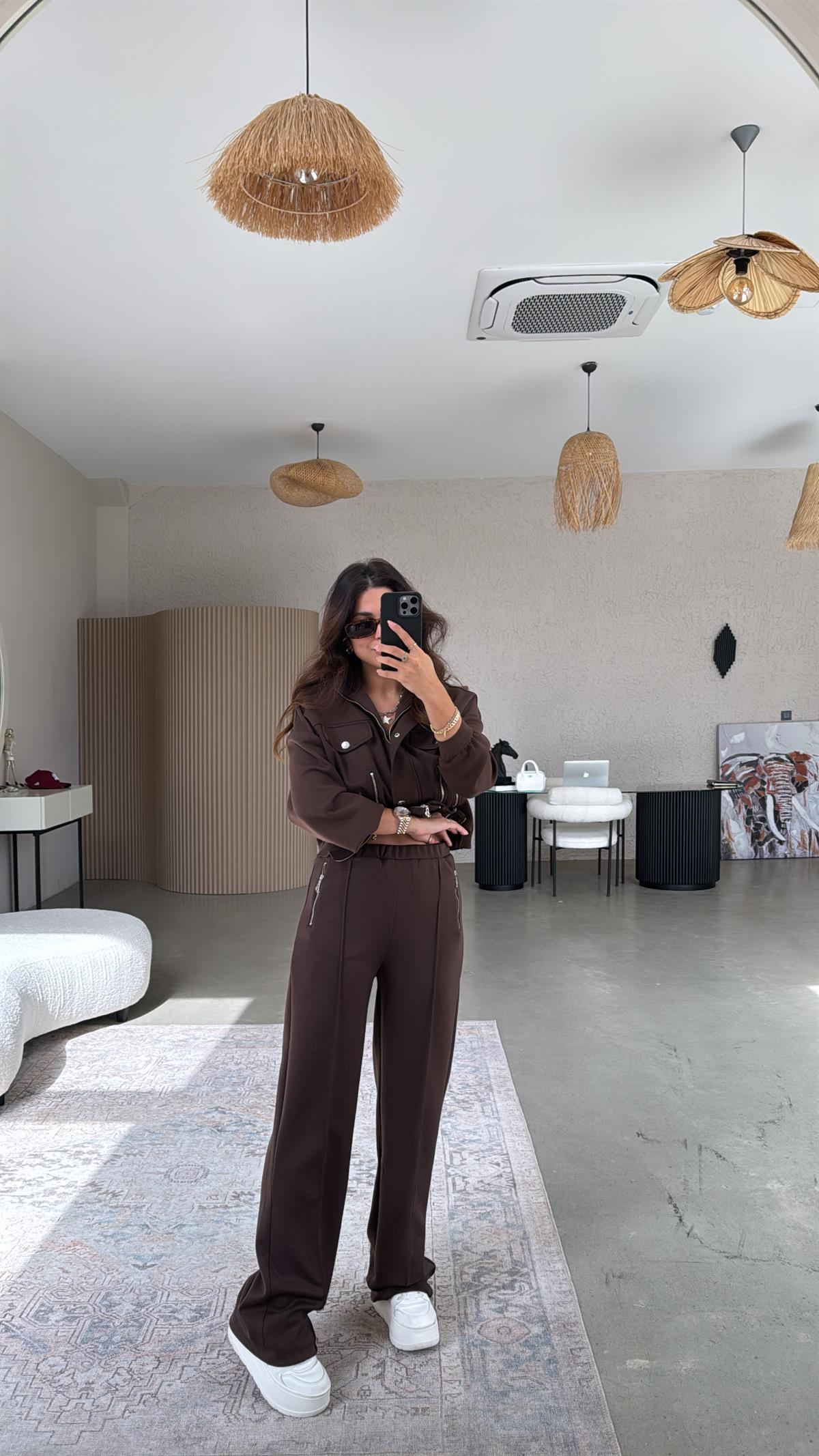 Kahverengi Fermuar Detaylı Tasarım Ceket Pantolon Takım