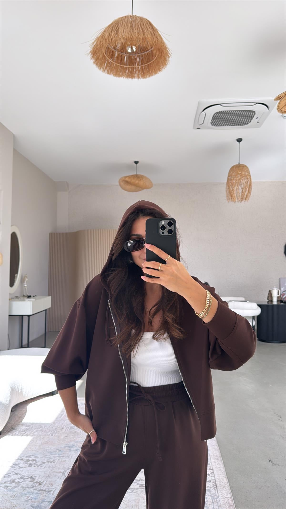 Kahverengi Fermuarlı Ceketli Modal Eşofman Takım