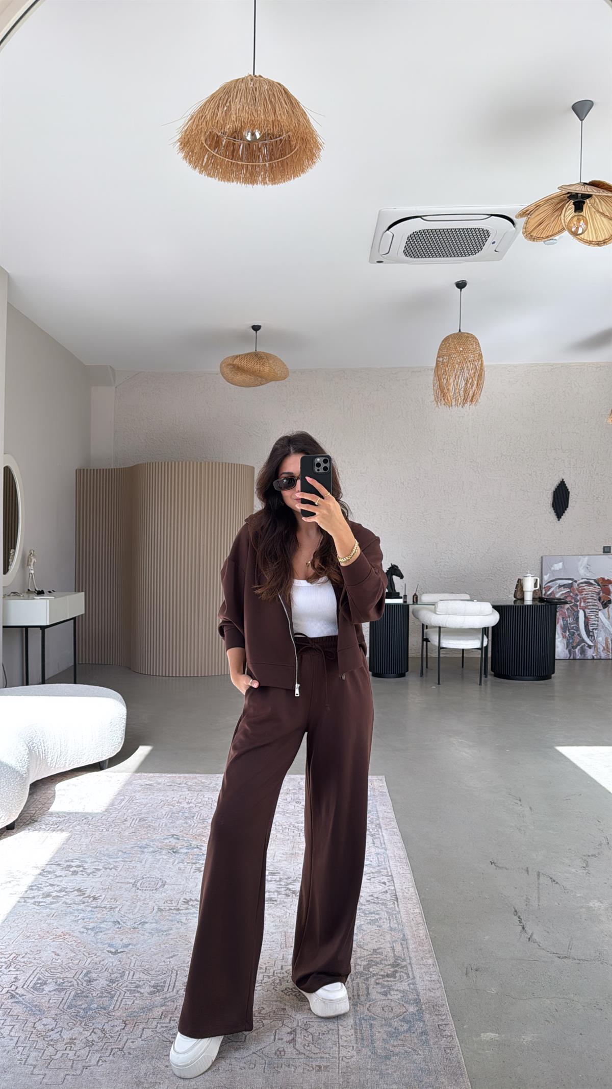 Kahverengi Fermuarlı Ceketli Modal Eşofman Takım