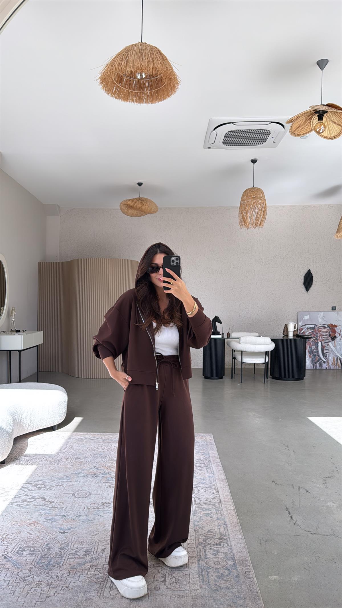 Kahverengi Fermuarlı Ceketli Modal Eşofman Takım