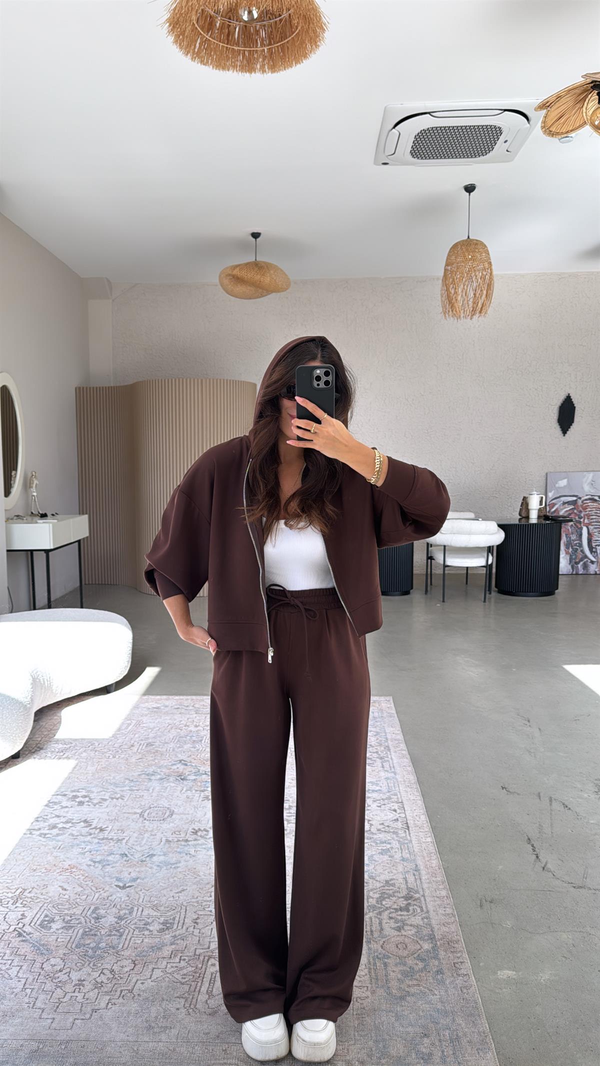 Kahverengi Fermuarlı Ceketli Modal Eşofman Takım