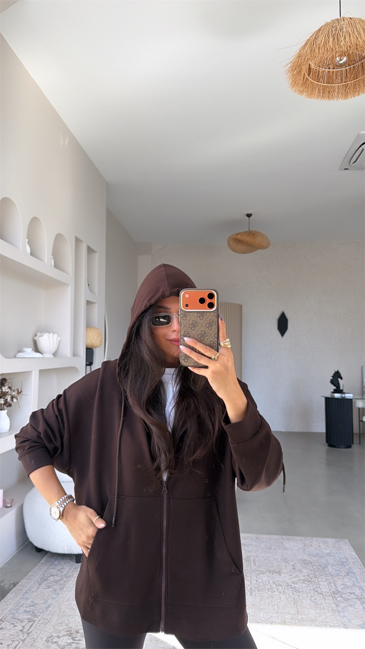 Kahverengi Fermuarlı Cepli Modal Hoodie