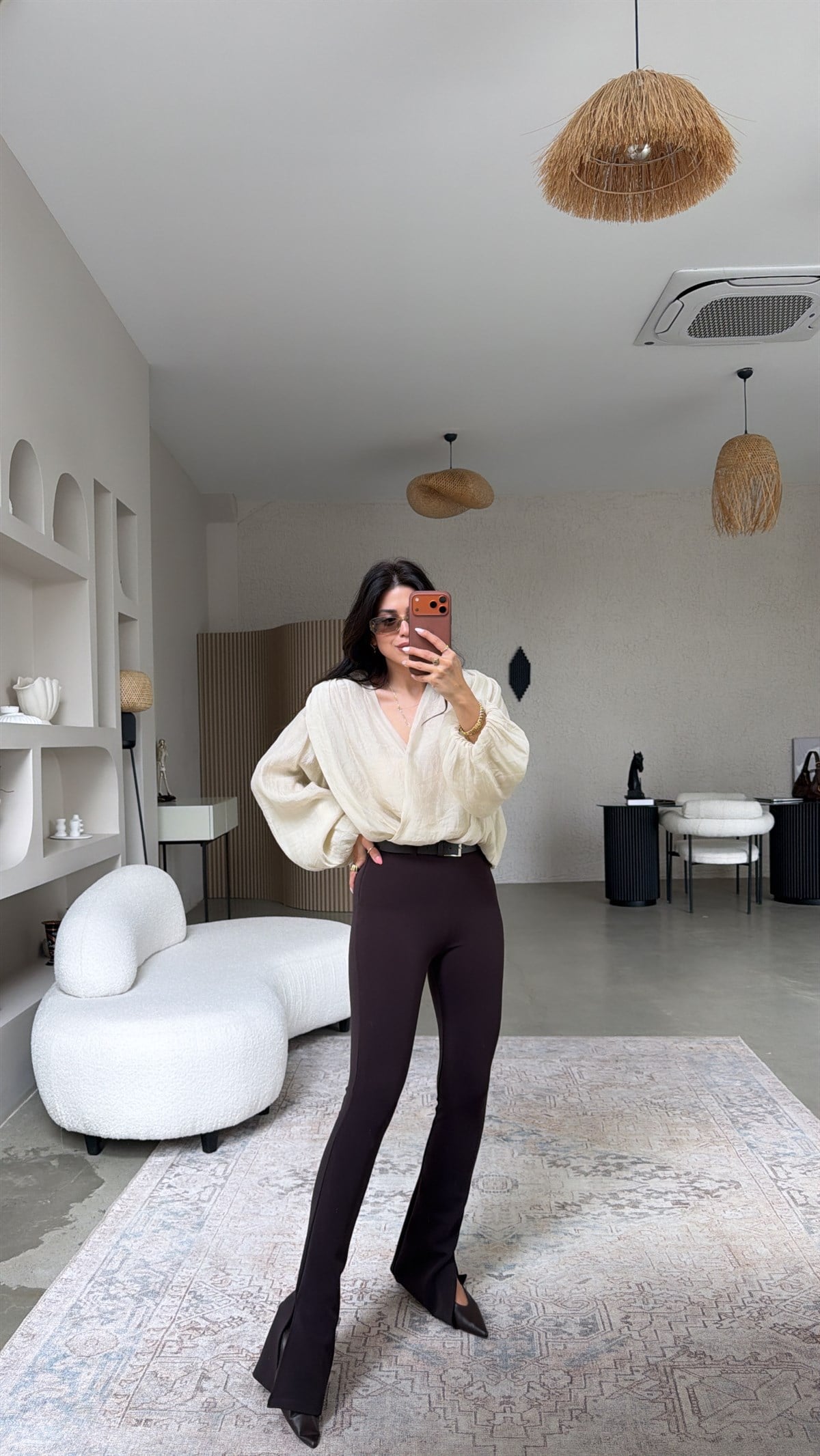 Kahverengi Full Toparlayıcı Kemerli Paça Yırtmaçlı Dlv Tayt Pantolon