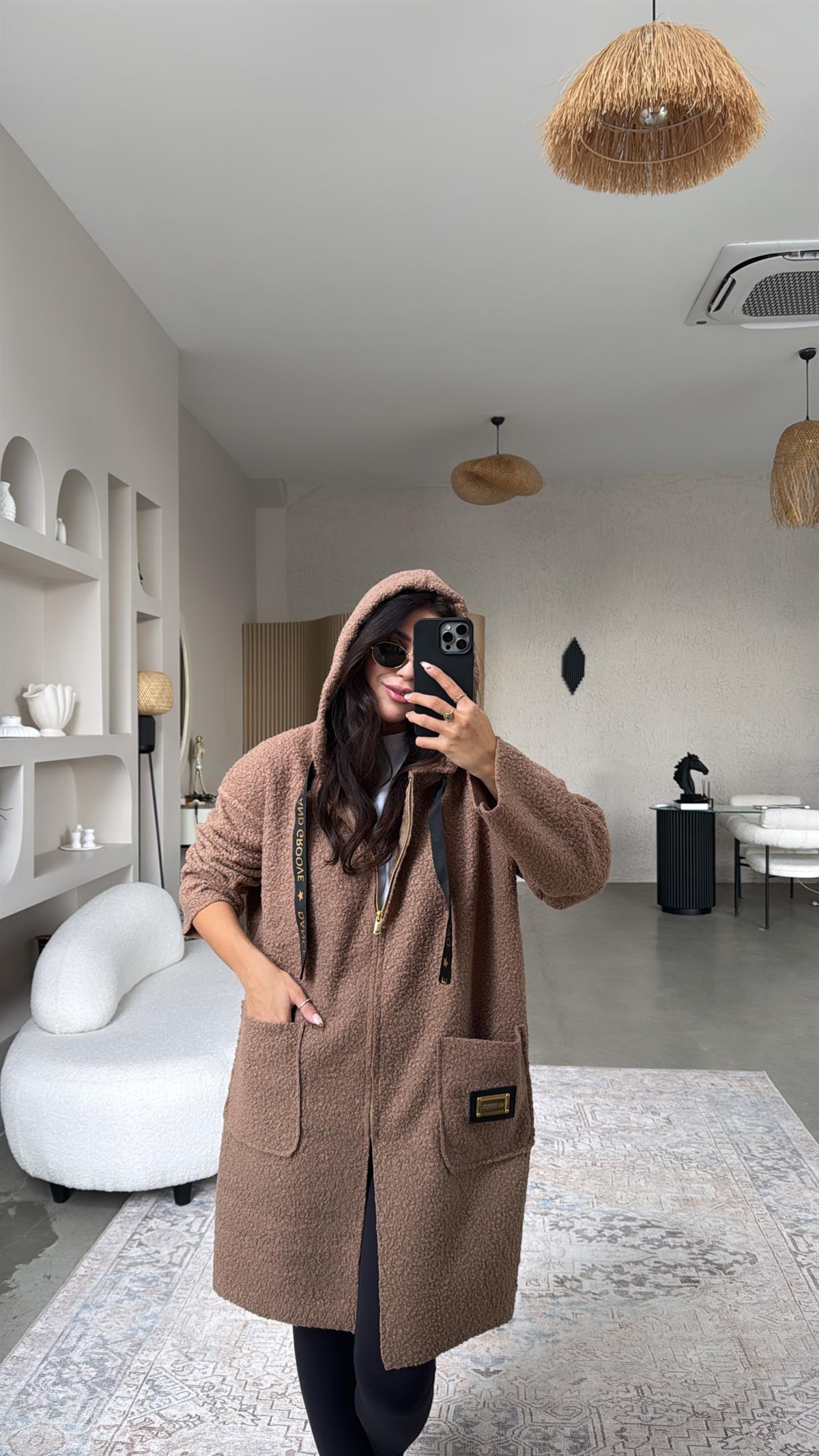 Kahverengi Gold Detaylı Teddy Ceket
