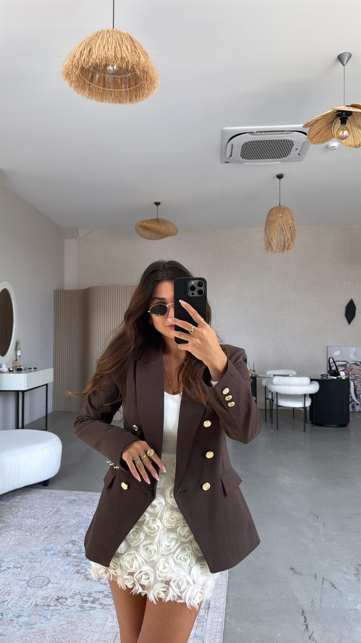 Kahverengi Gold Düğme Detaylı Premium Ceket