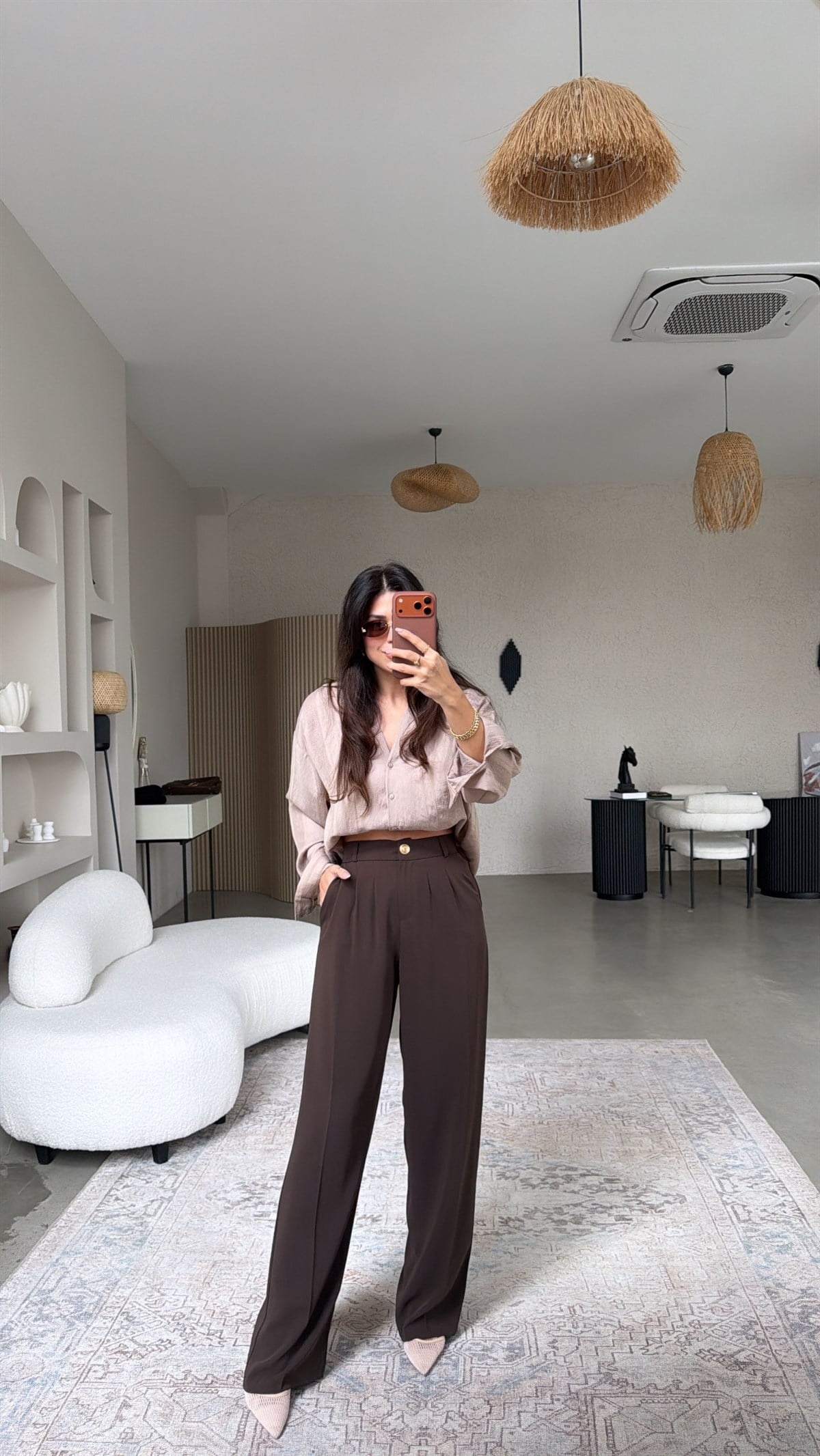 Kahverengi Gold Düğmeli Premium Pantolon