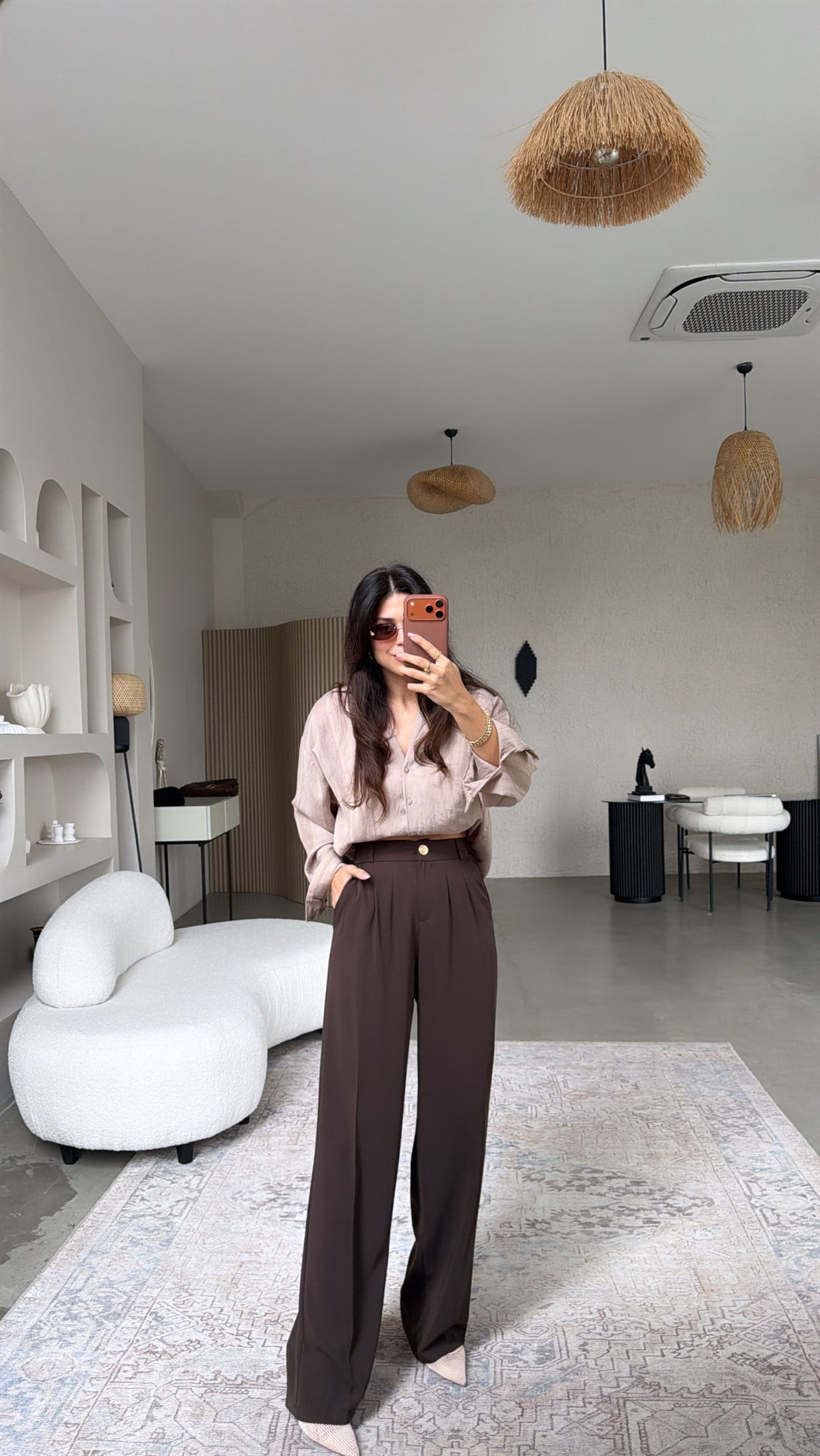 Kahverengi Gold Düğmeli Premium Pantolon