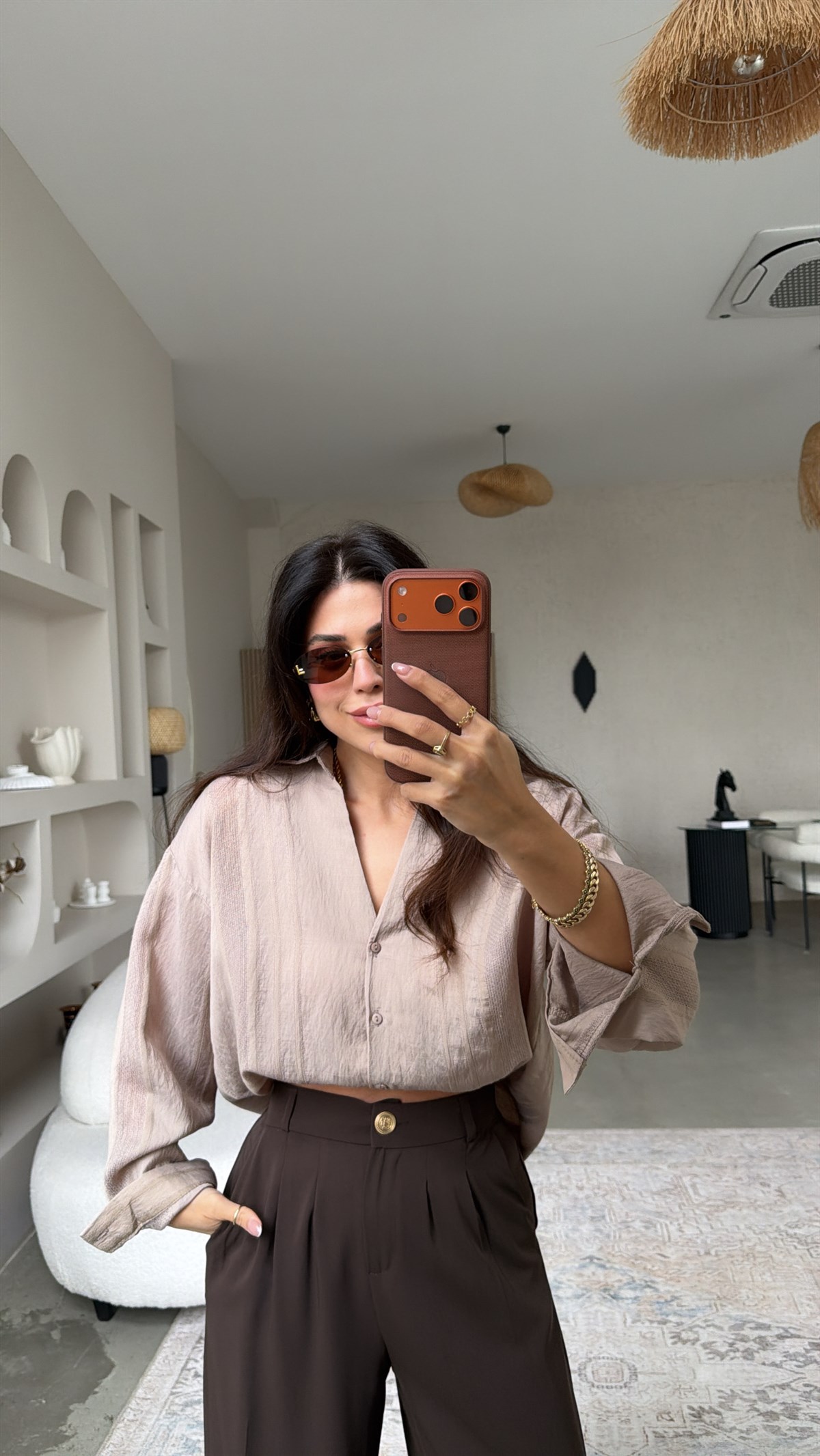 Kahverengi Gold Düğmeli Premium Pantolon