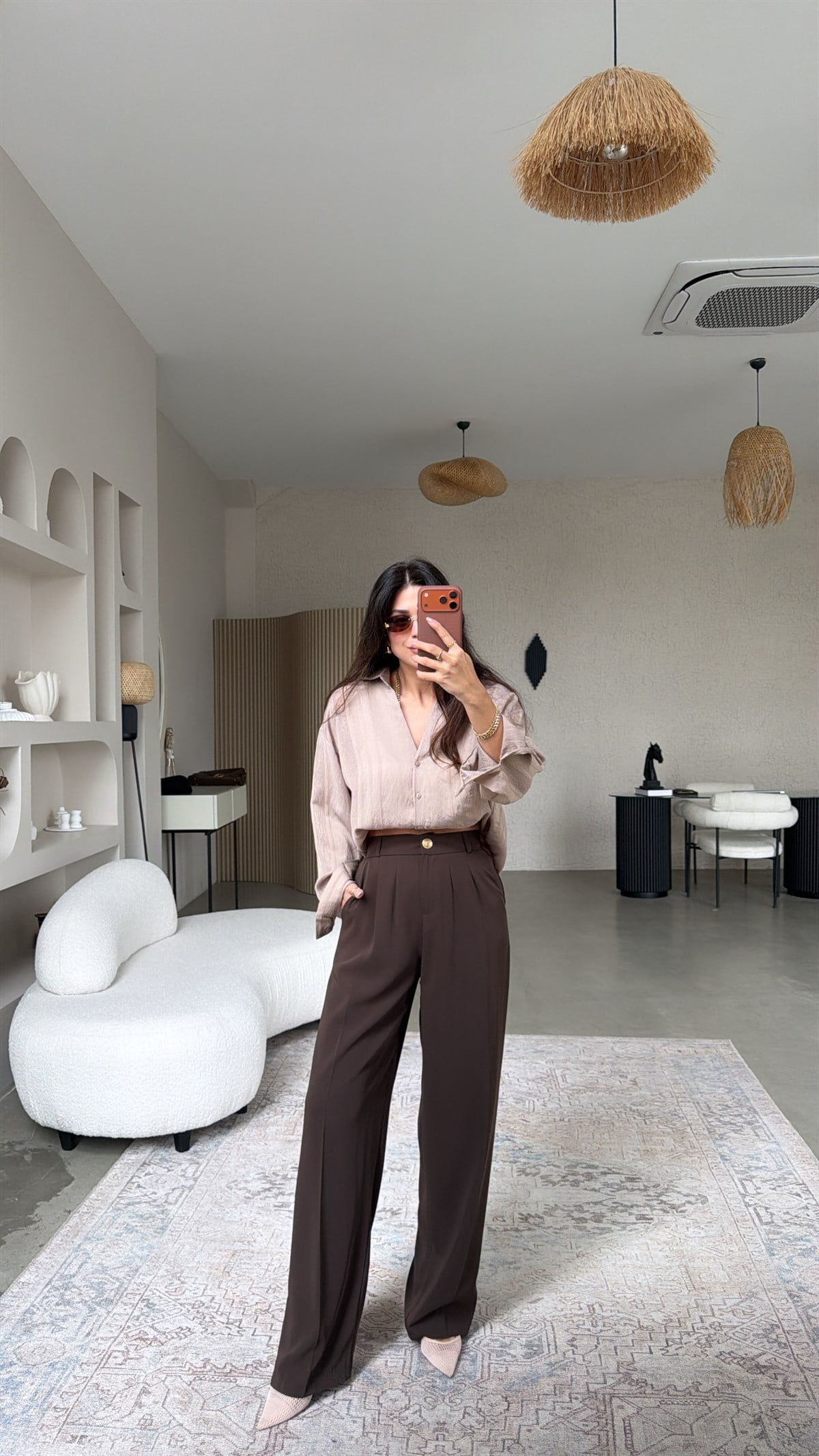 Kahverengi Gold Düğmeli Premium Pantolon