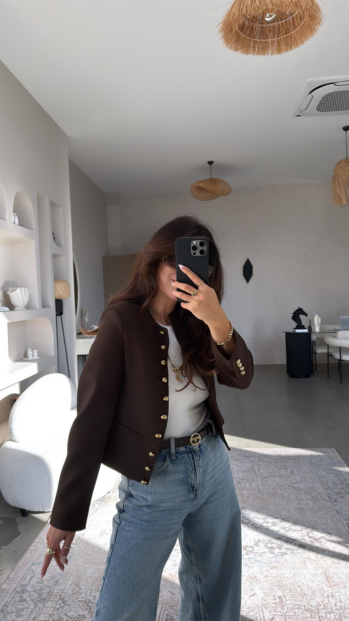 Kahverengi Gold Düğmeli ZR Model Premium Ceket