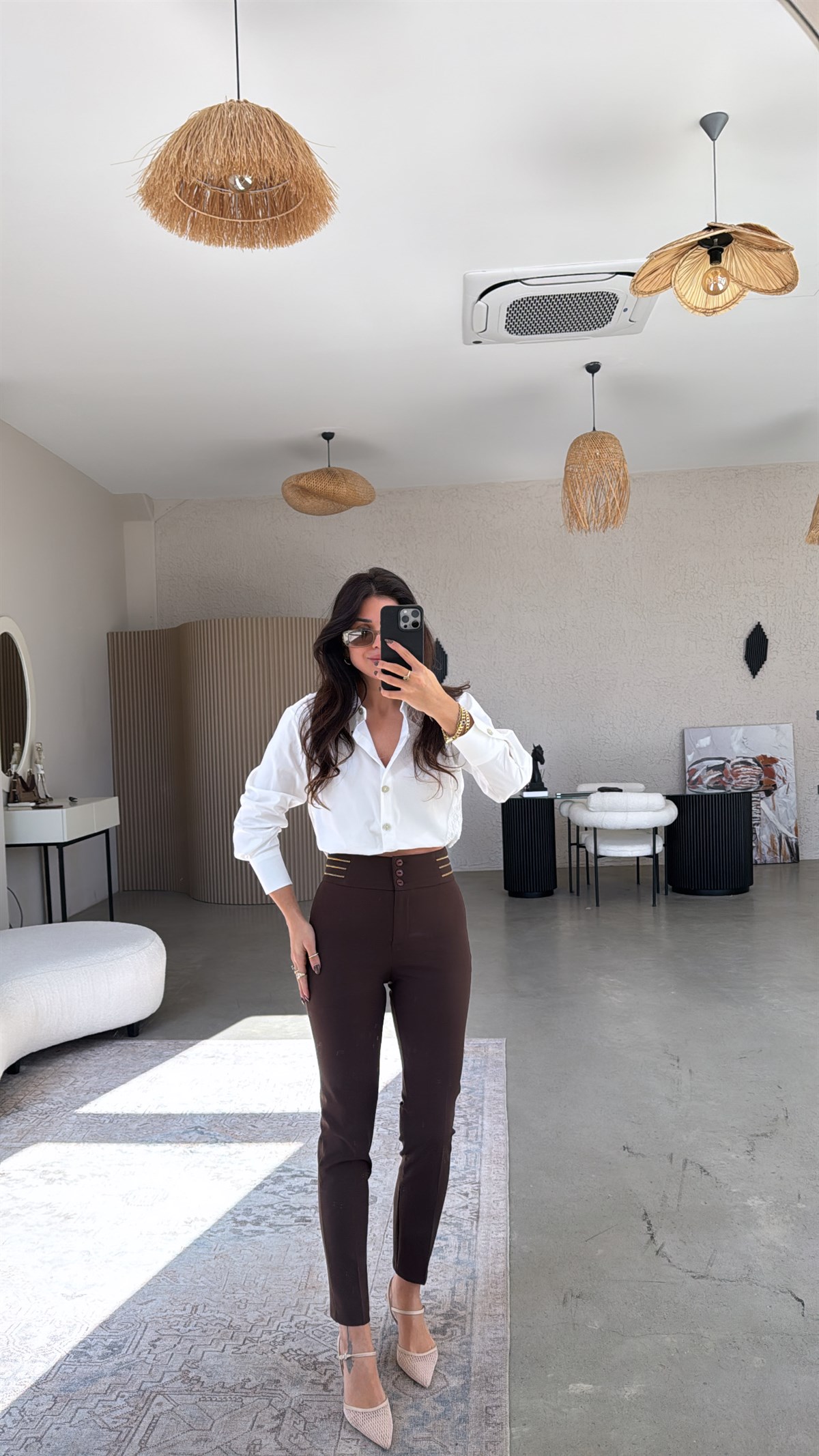 Kahverengi Gold Fermuar Detaylı Premium Cigarette Kumaş Pantolon