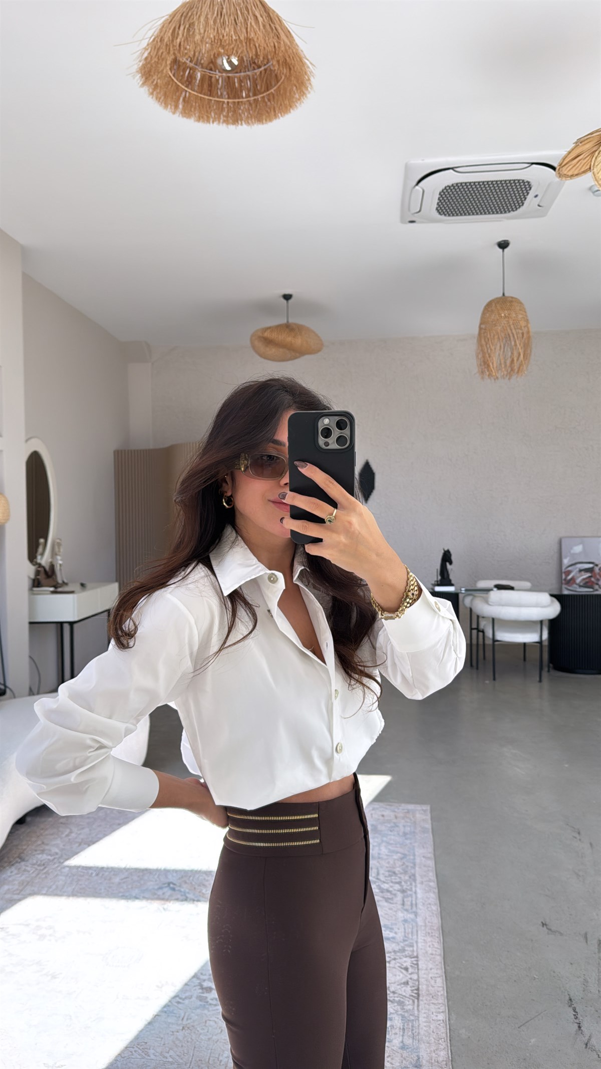 Kahverengi Gold Fermuar Detaylı Premium Cigarette Kumaş Pantolon