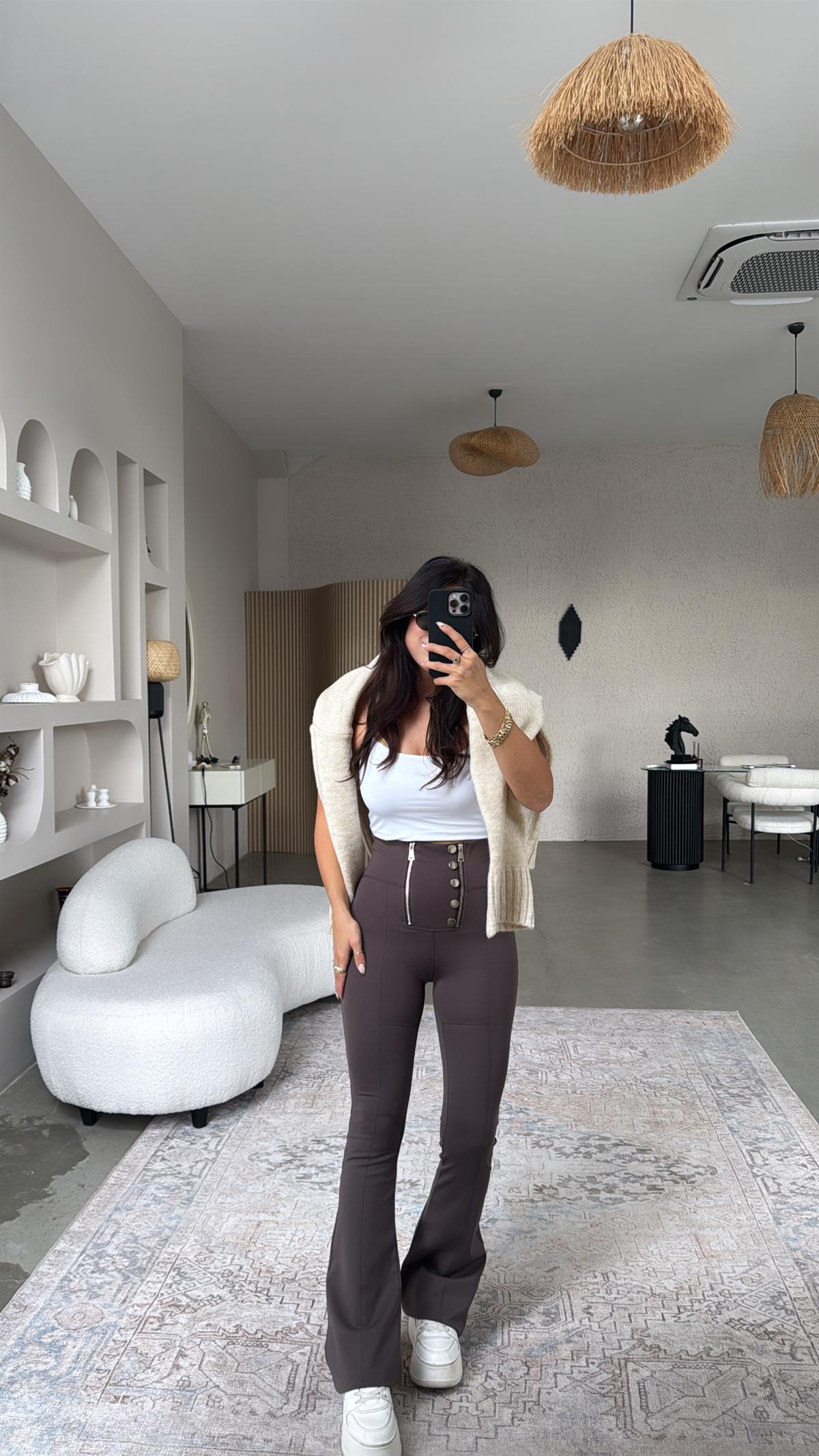 Kahverengi Gümüş Aksesuarlı Fermuarlı Push Up Çelik Tayt Pantolon