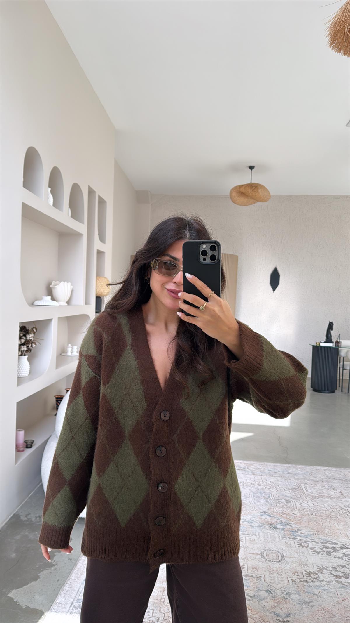 Kahverengi Haki Baklavalı Orijinal Massi Yumoş Hırka