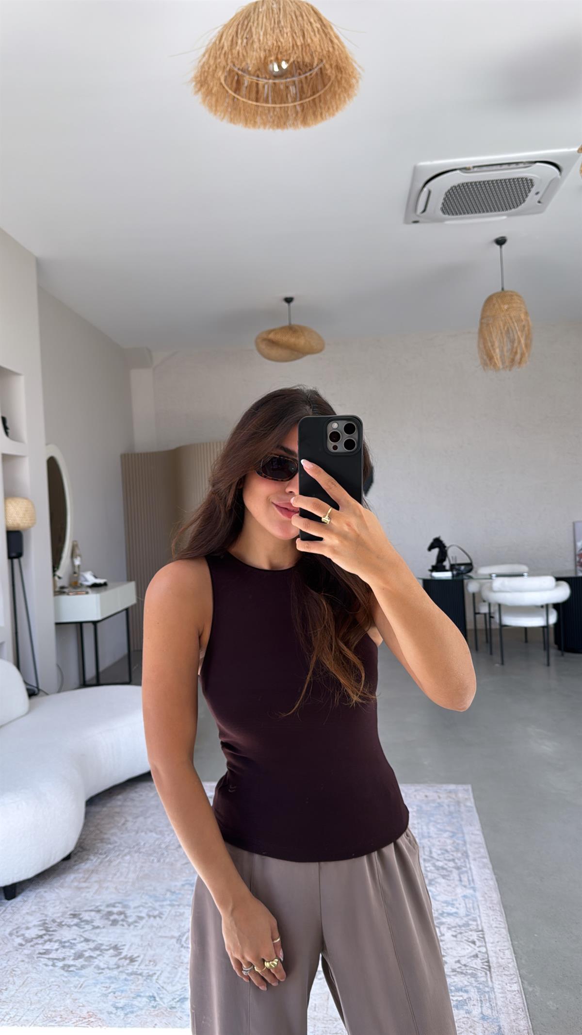 Kahverengi Halter Yaka Yumuşak Modal Atlet