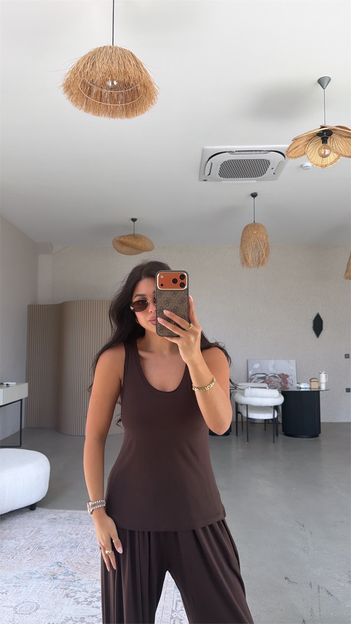 Kahverengi İnce Modal Atlet Şalvar Takım